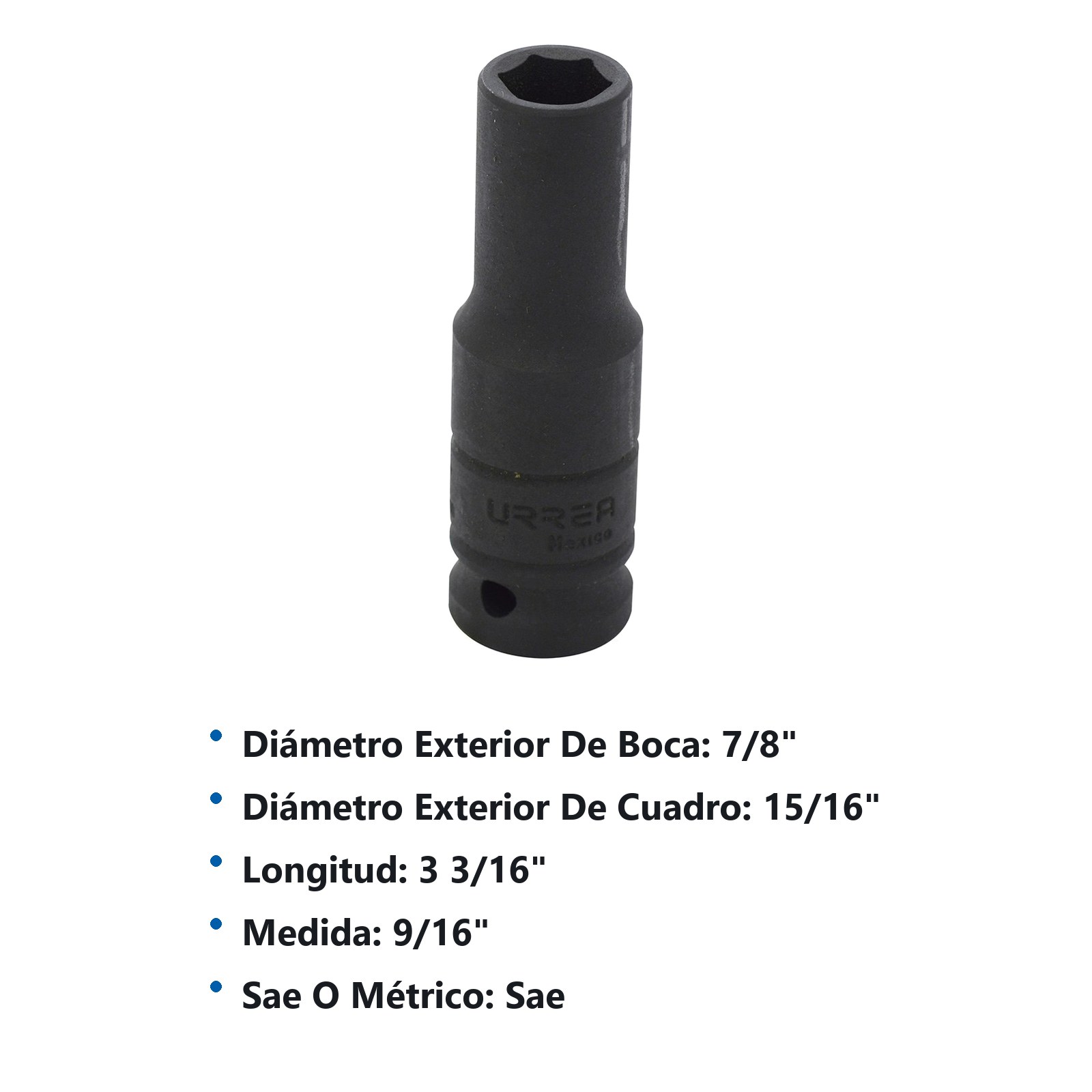 Dado de impacto largo cuadro de 1/2", 6 puntas, en pulgadas, 9/16" Urrea - Imagen 3