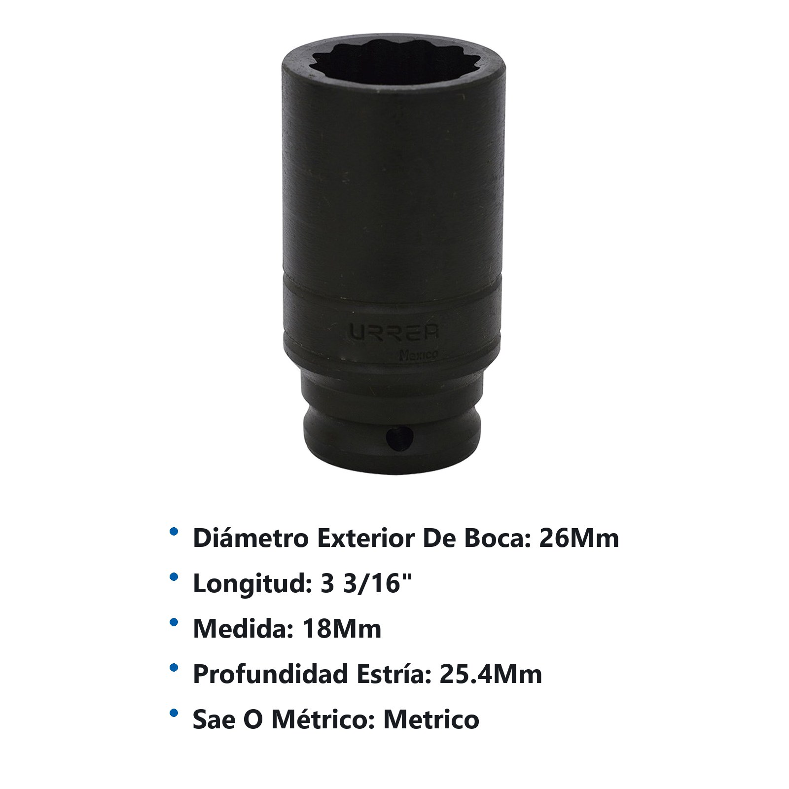 Dado de impacto largo cuadro de 1/2", 12 puntas, métrico, 18 mm Urrea - Imagen 2