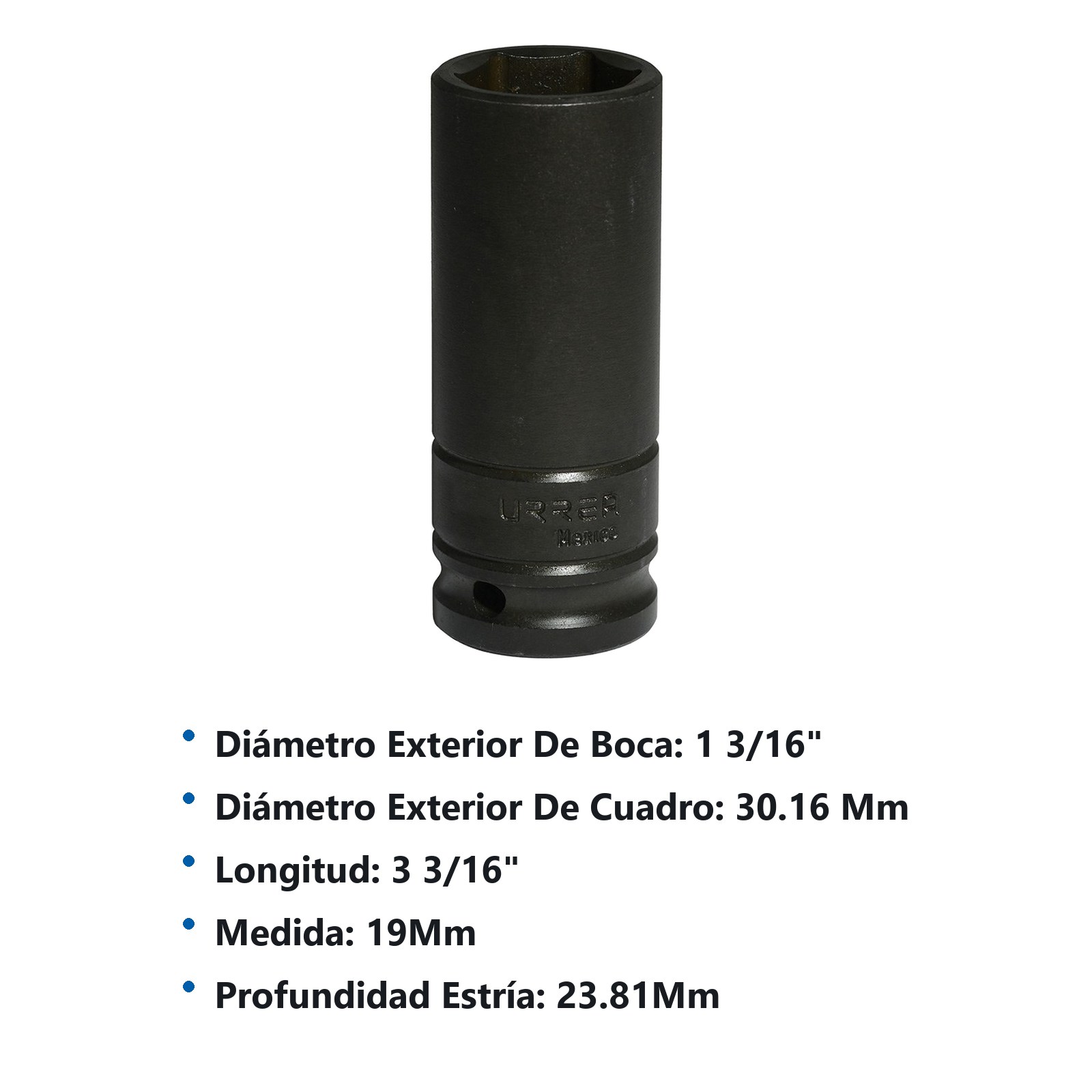Dado de impacto largo cuadro de 1/2", 6 puntas, métrico, 19 mm Urrea - Imagen 3