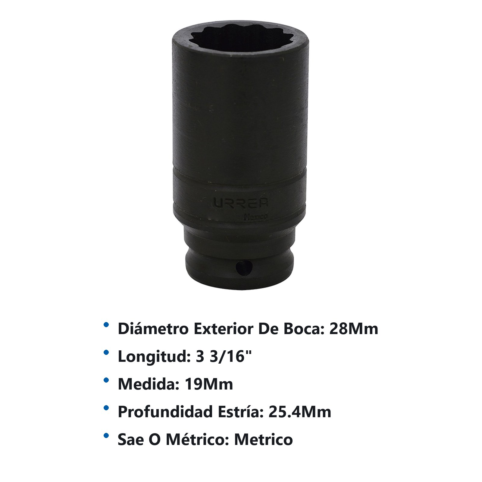 Dado de impacto largo cuadro de 1/2", 12 puntas, métrico, 19 mm Urrea - Imagen 2