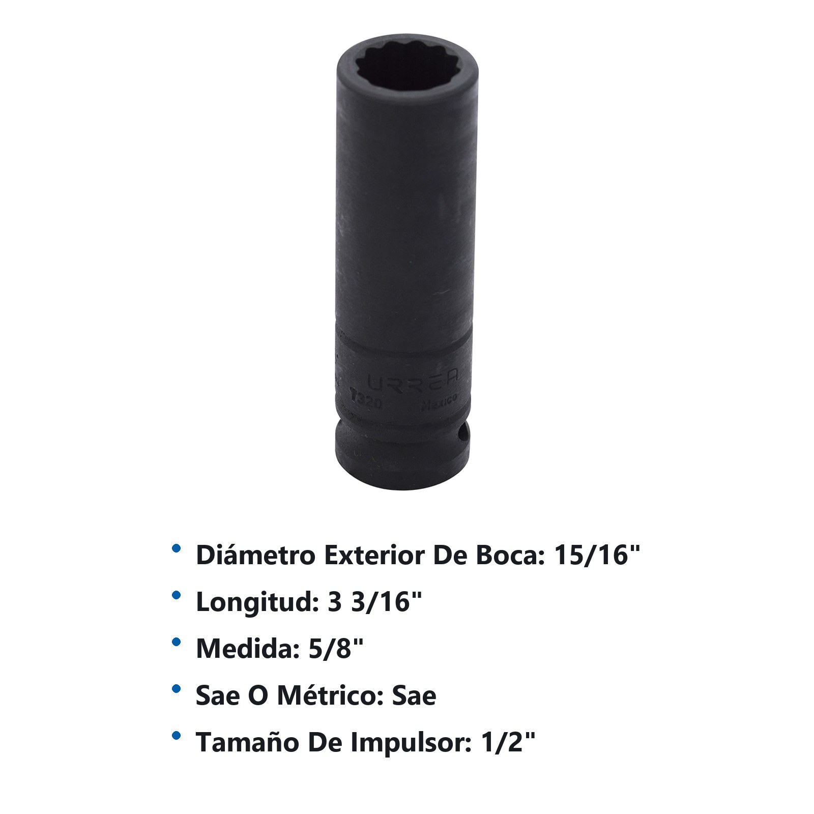 Dado de impacto largo cuadro de 1/2", 12 puntas, en pulgadas, 5/8" Urrea - Imagen 3