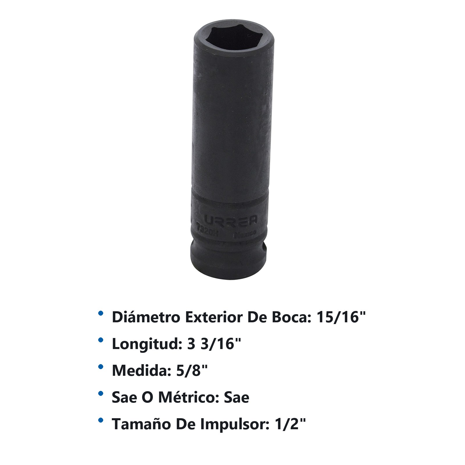 Dado de impacto largo cuadro de 1/2", 6 puntas, en pulgadas, 5/8" Urrea - Imagen 3
