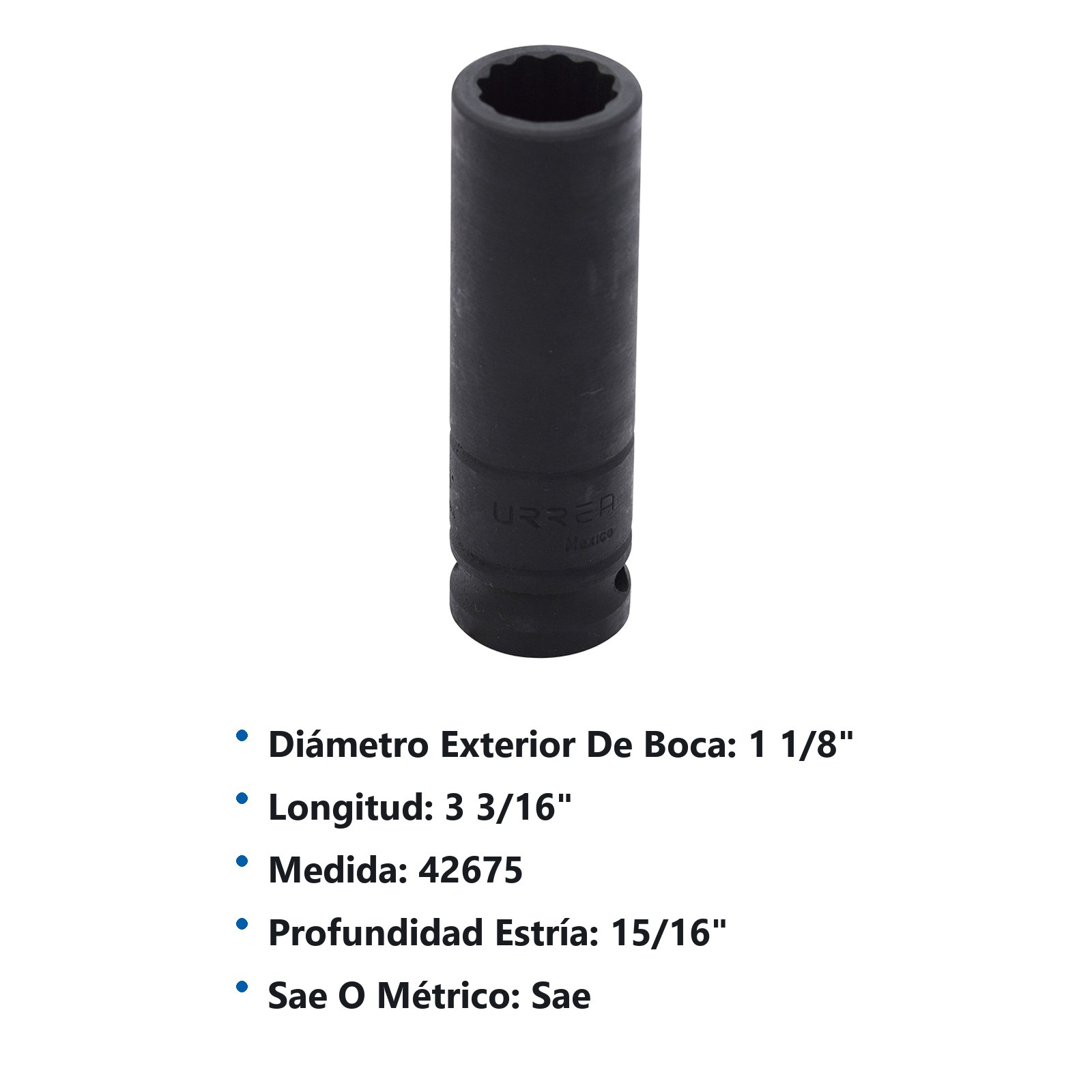 Dado de impacto largo cuadro de 1/2", 12 puntas, en pulgadas, 11/16" Urrea - Imagen 3