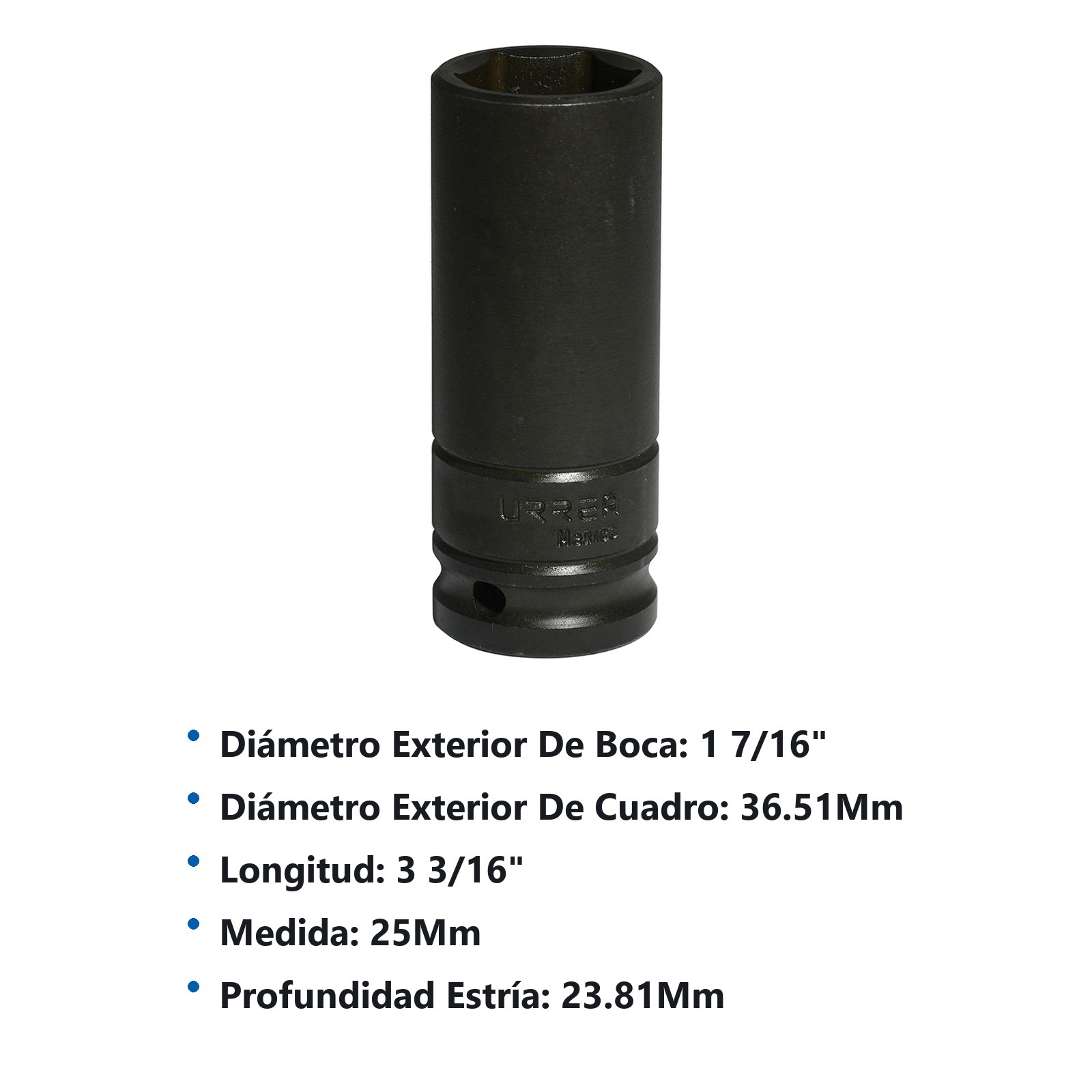 Dado de impacto largo cuadro de 1/2", 6 puntas, métrico, 25 mm Urrea - Imagen 3