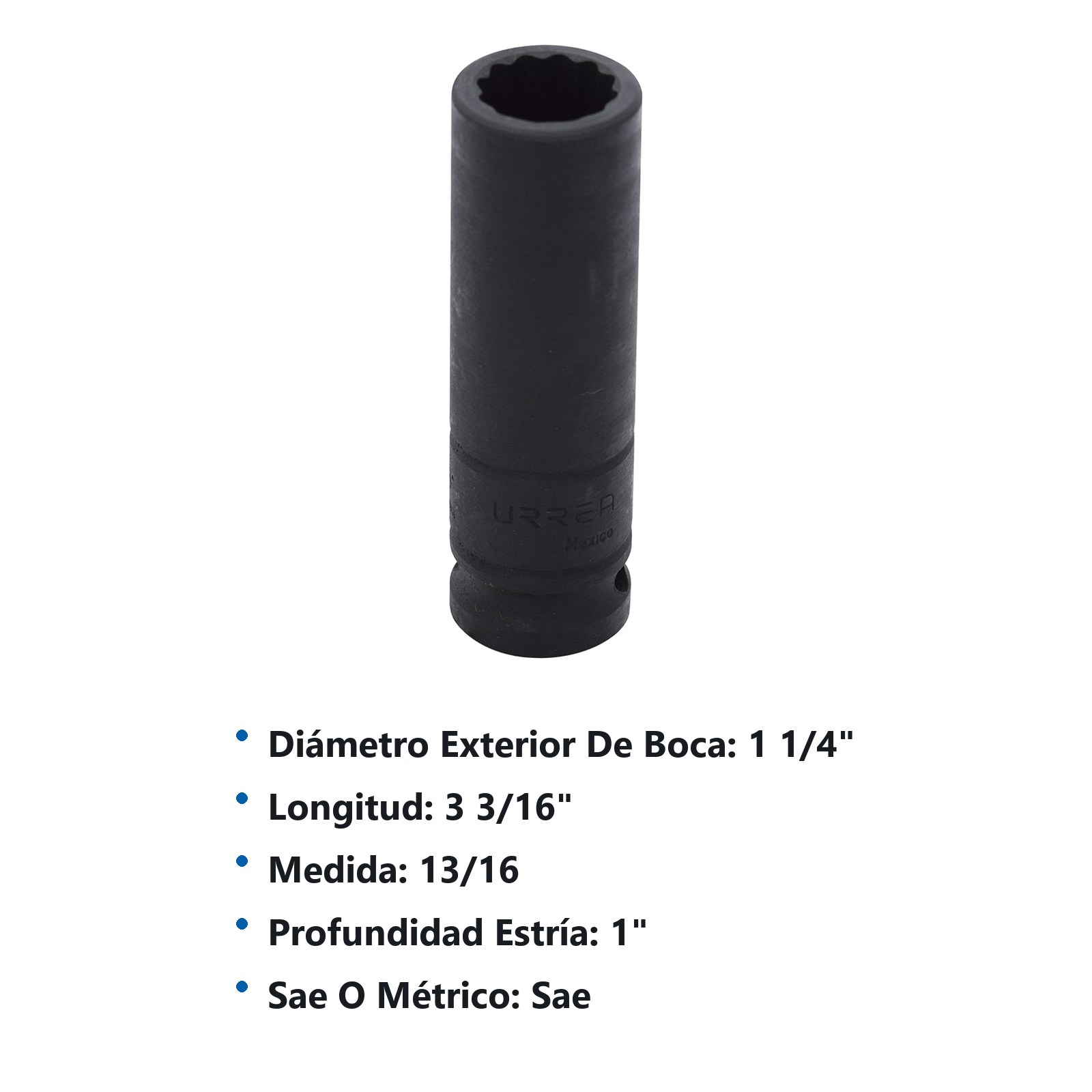 Dado de impacto largo cuadro de 1/2", 12 puntas, en pulgadas, 13/16" Urrea - Imagen 3