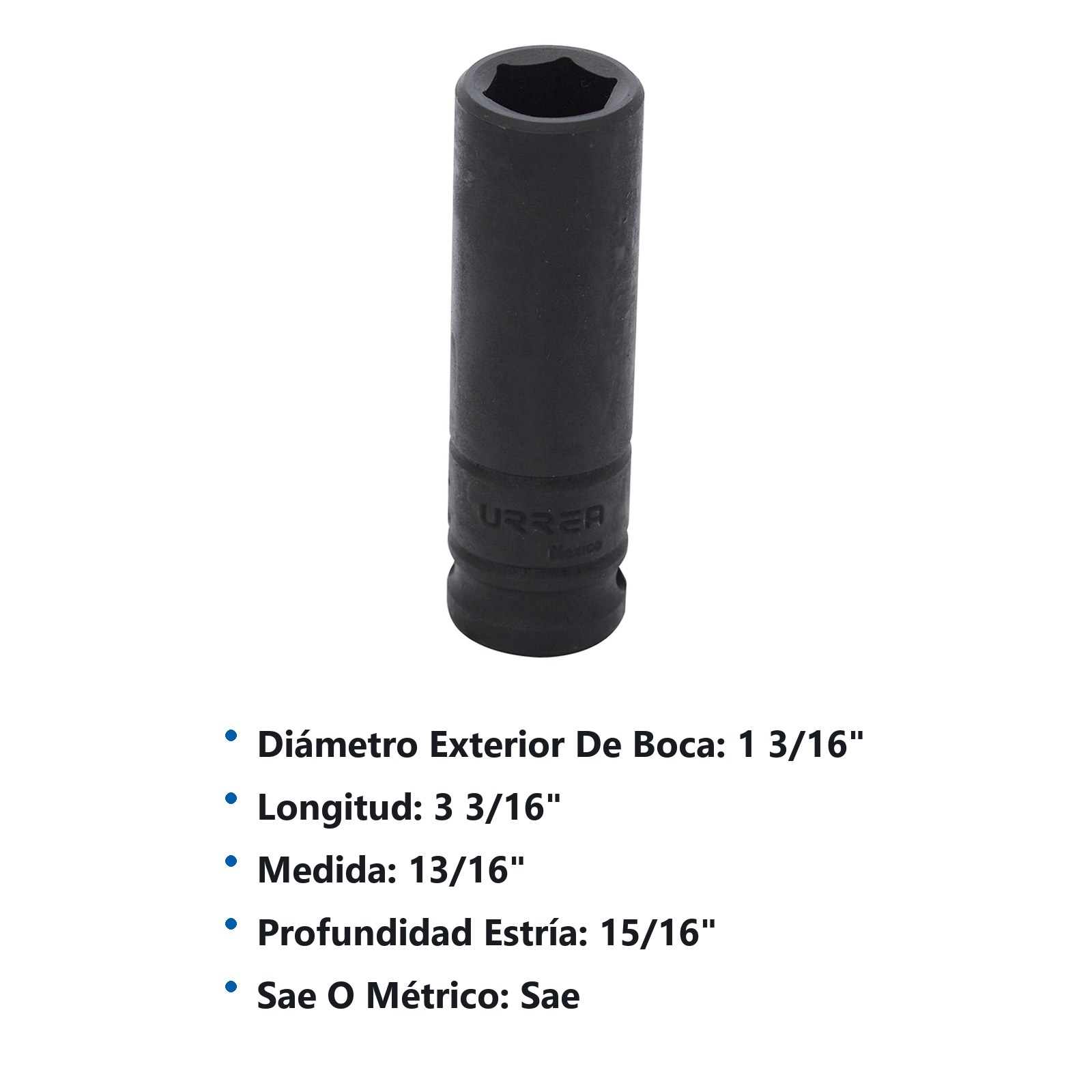Dado de impacto largo cuadro de 1/2", 6 puntas, en pulgadas, 13/16" Urrea - Imagen 3