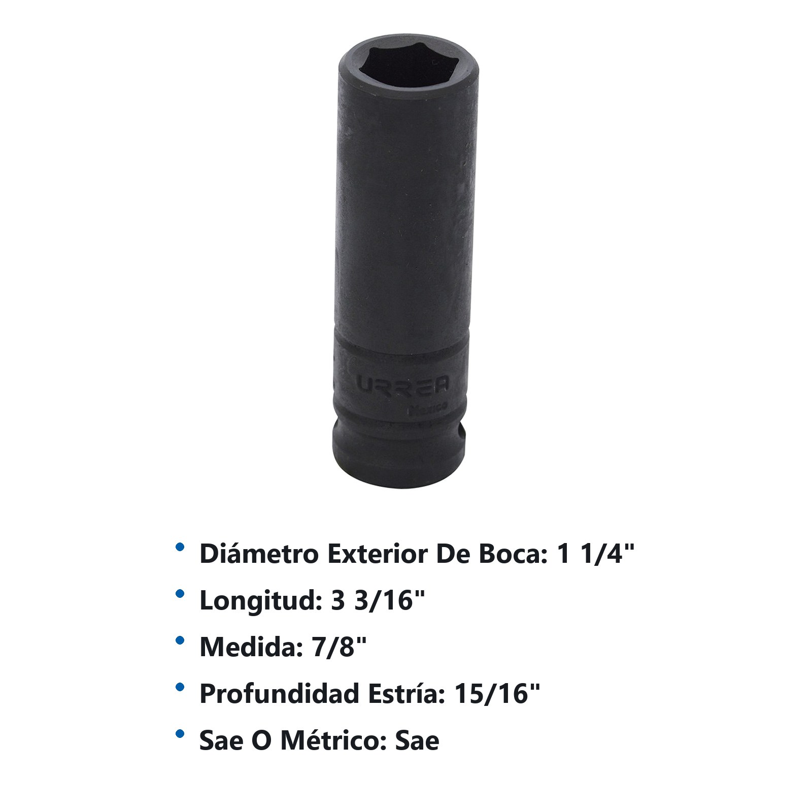 Dado de impacto largo cuadro de 1/2", 6 puntas, en pulgadas, 7/8" Urrea - Imagen 3