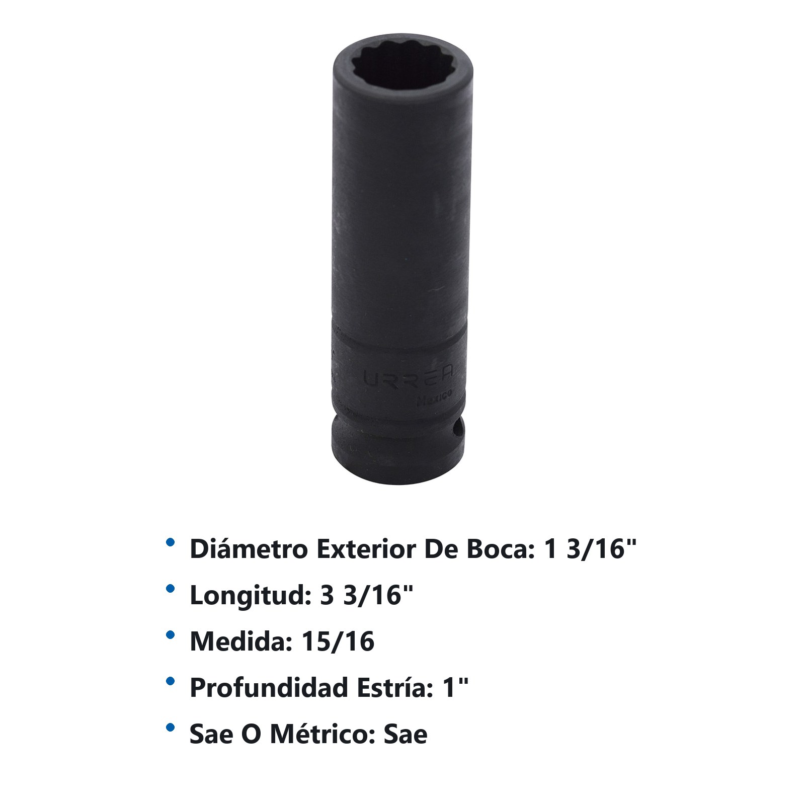 Dado de impacto largo cuadro de 1/2", 12 puntas, en pulgadas, 15/16" Urrea - Imagen 3