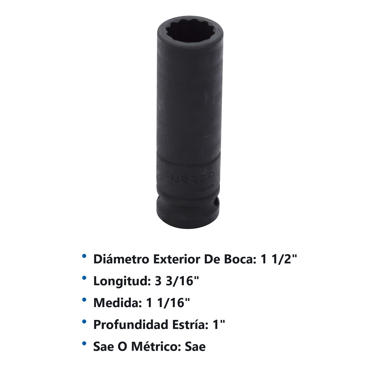 Dado de impacto largo cuadro de 1/2", 12 puntas, en pulgadas, 1-1/16" Urrea - Imagen 2