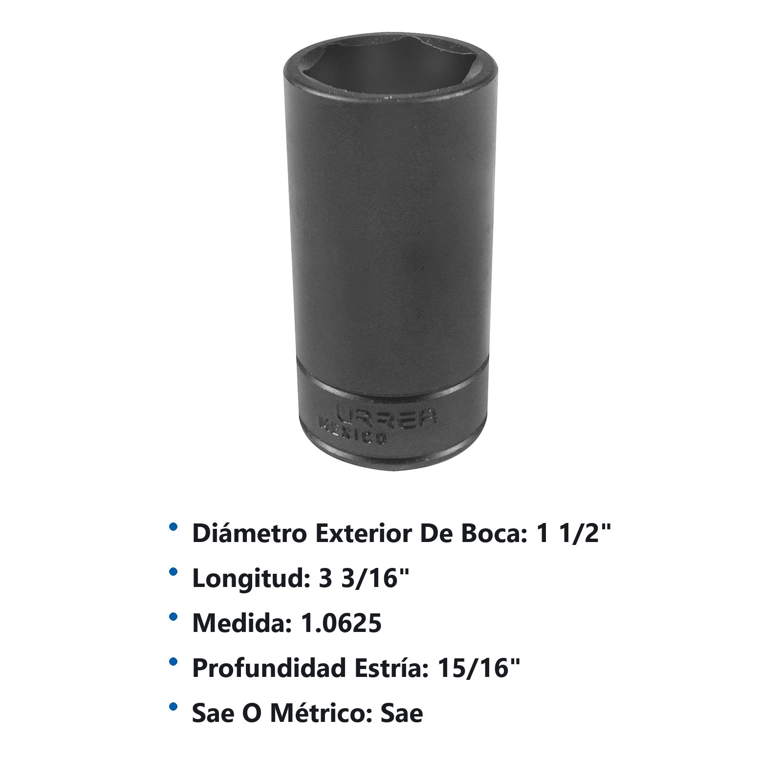 Dado de impacto largo cuadro de 1/2", 6 puntas, en pulgadas, 1-1/16" Urrea - Imagen 3
