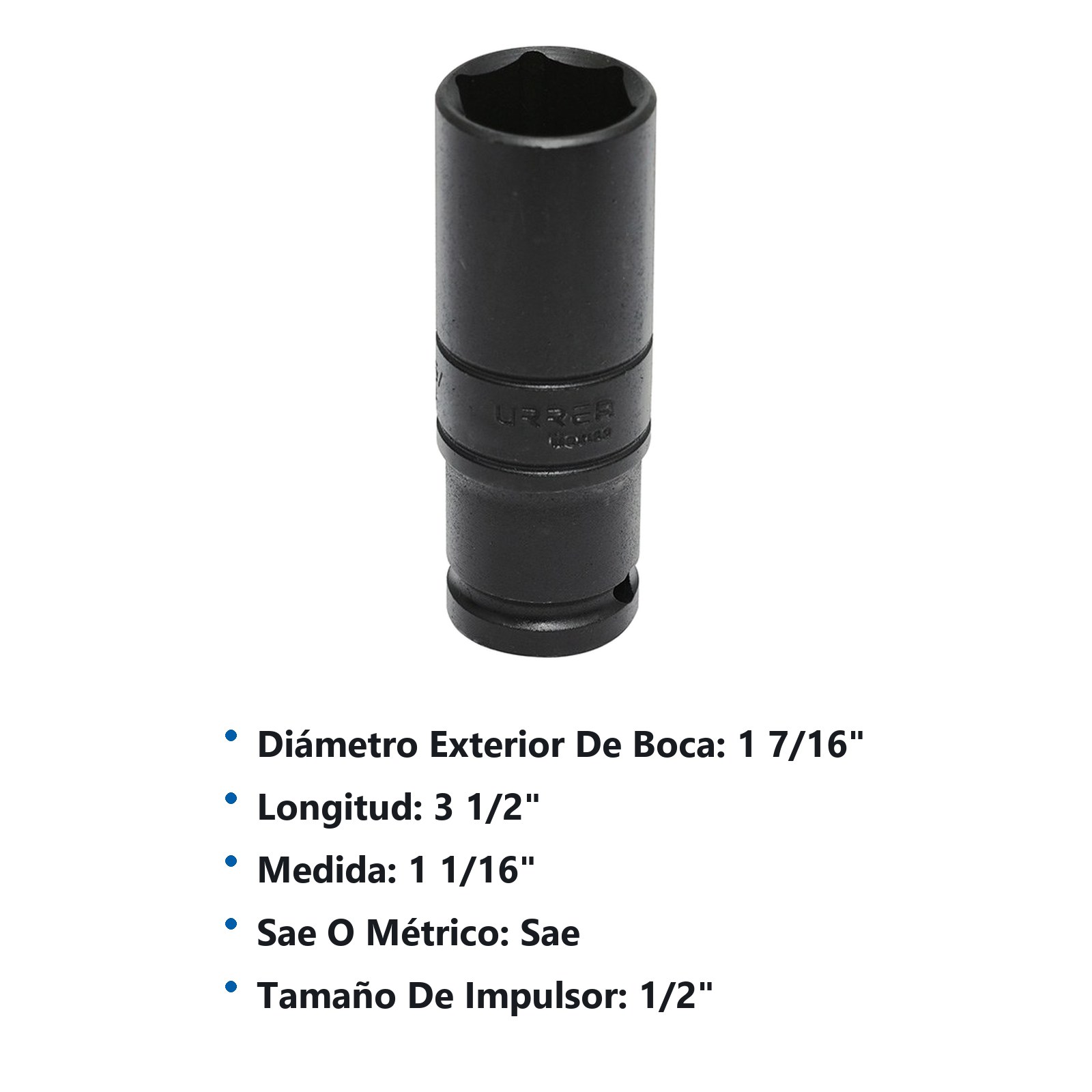 Dado de impacto pared delgada cuadro de 1/2", 6 puntas, en pulgadas, 1-1/16" Urrea - Imagen 2