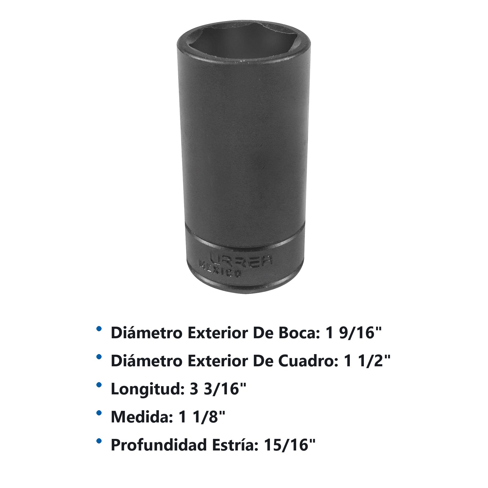 Dado de impacto largo cuadro de 1/2", 6 puntas, en pulgadas, 1-1/8" Urrea - Imagen 3