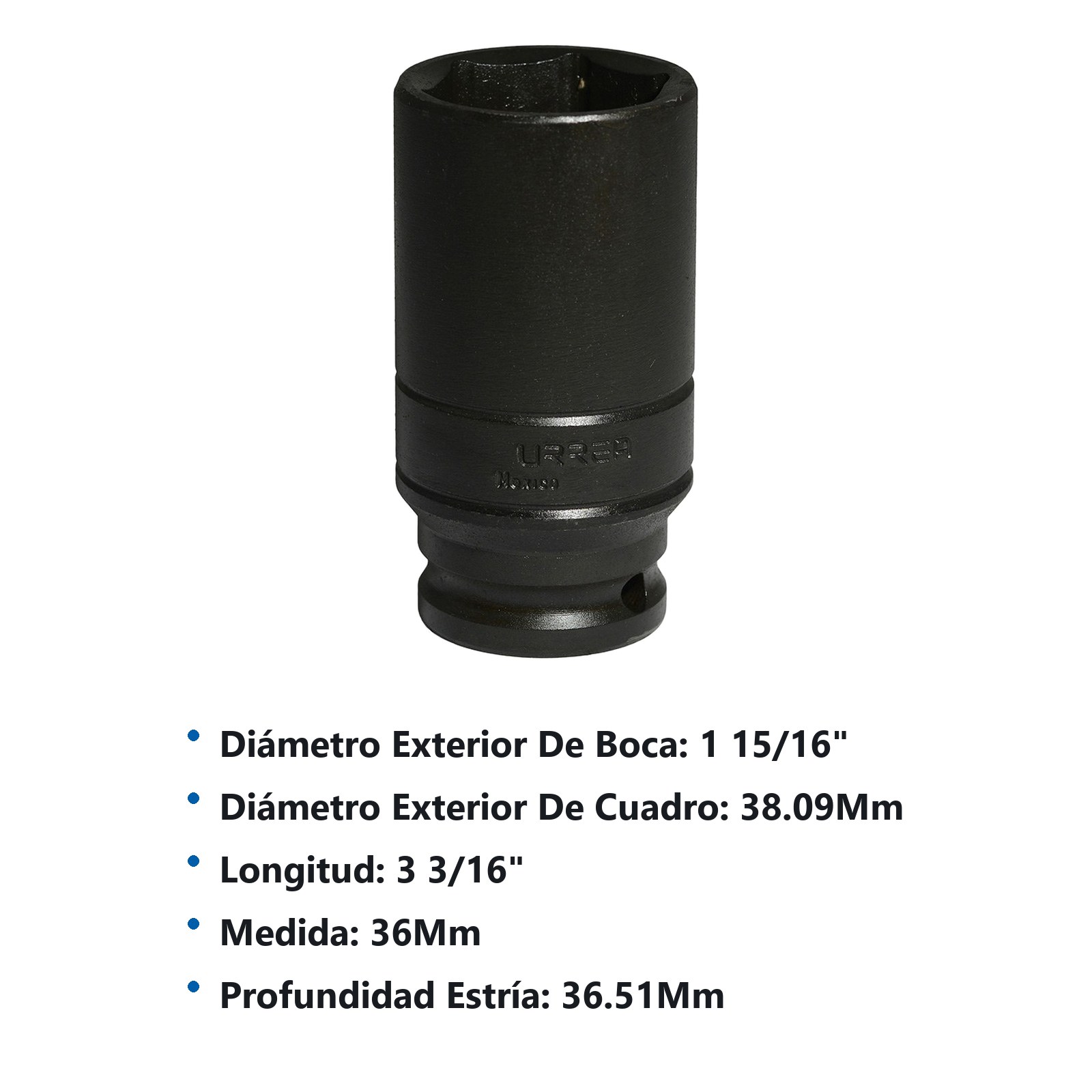 Dado de impacto largo cuadro de 1/2", 6 puntas, métrico, 36 mm Urrea - Imagen 3