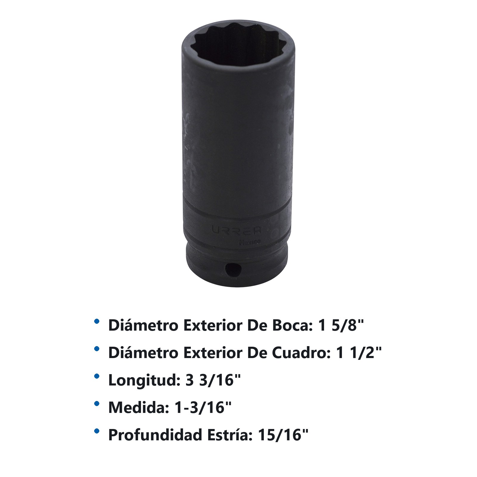 Dado de impacto largo cuadro de 1/2", 12 puntas, en pulgadas, 1-3/16" Urrea - Imagen 2