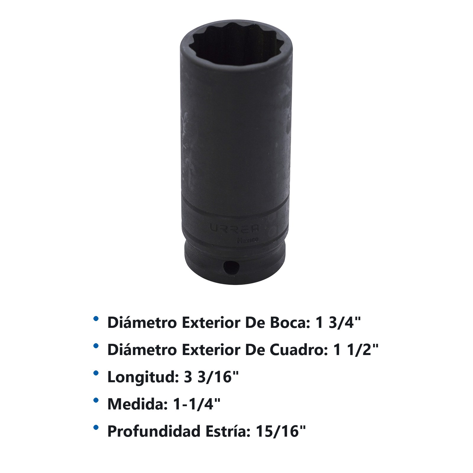 Dado de impacto largo cuadro de 1/2", 12 puntas, en pulgadas, 1-1/4" Urrea - Imagen 2