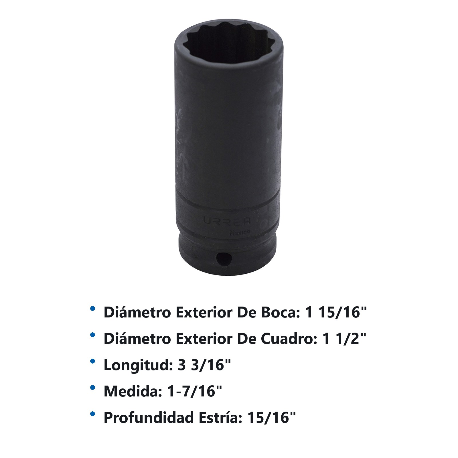 Dado de impacto largo cuadro de 1/2", 12 puntas, en pulgadas, 1-7/16" Urrea - Imagen 2