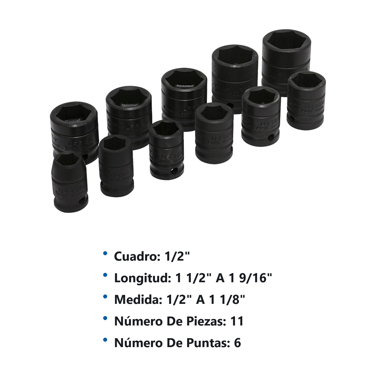 Juego de dados de impacto cuadro de 1/2", 6 puntas, en pulgadas, 11 piezas Urrea - Imagen 2
