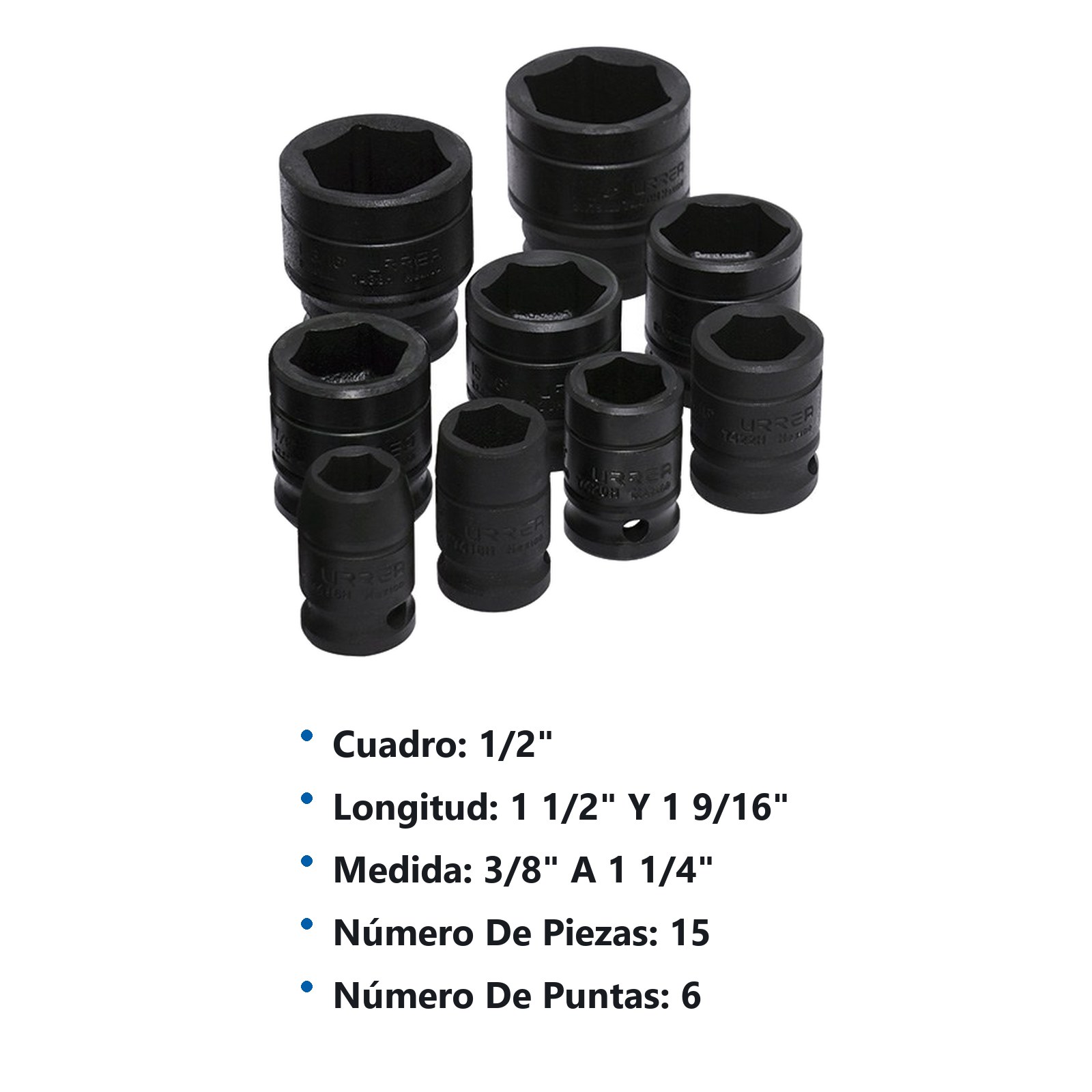 Juego de dados de impacto cuadro de 1/2", 6 puntas, en pulgadas, 15 piezas Urrea - Imagen 2