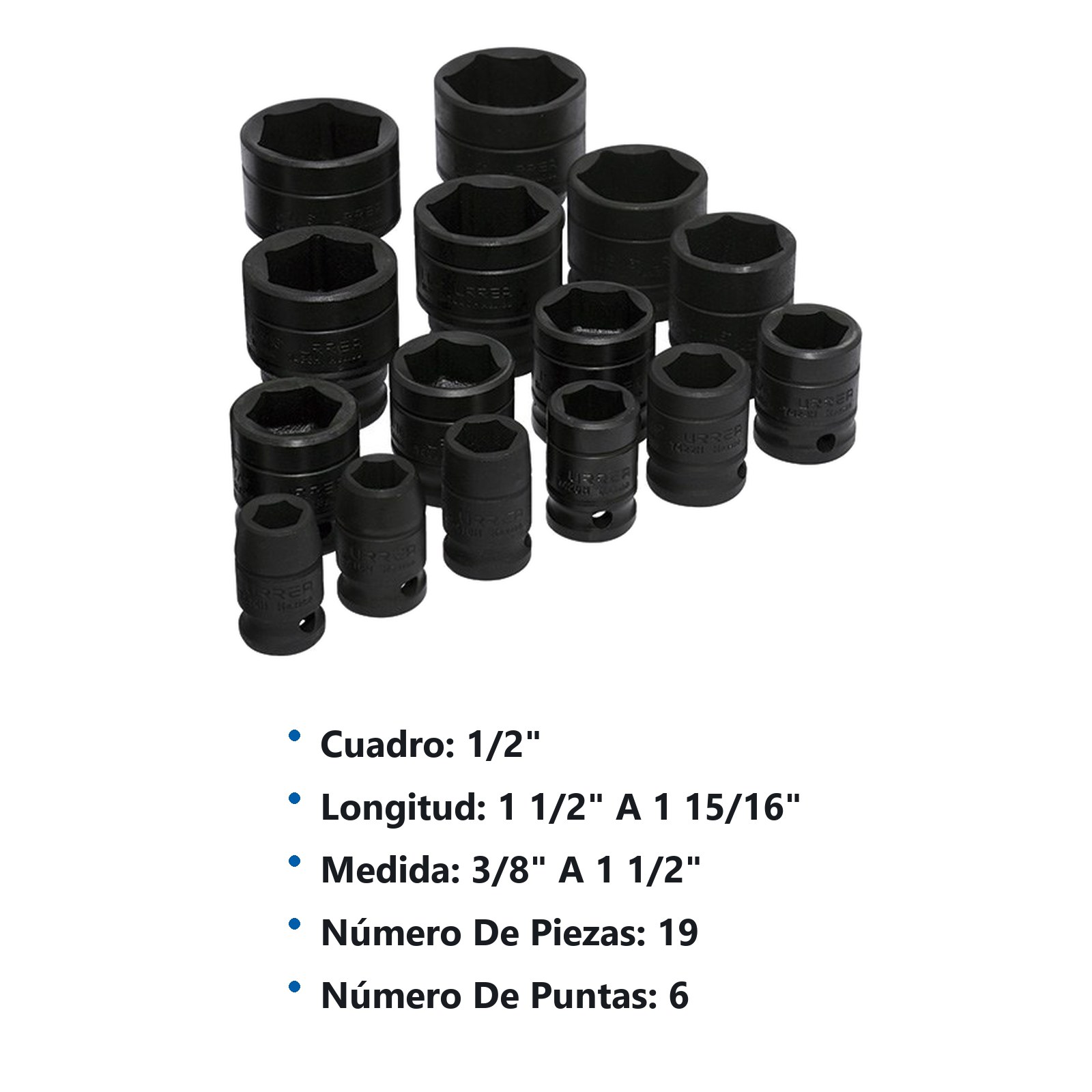 Juego de dados de impacto cuadro de 1/2", 6 puntas, en pulgadas, 19 piezas Urrea - Imagen 2