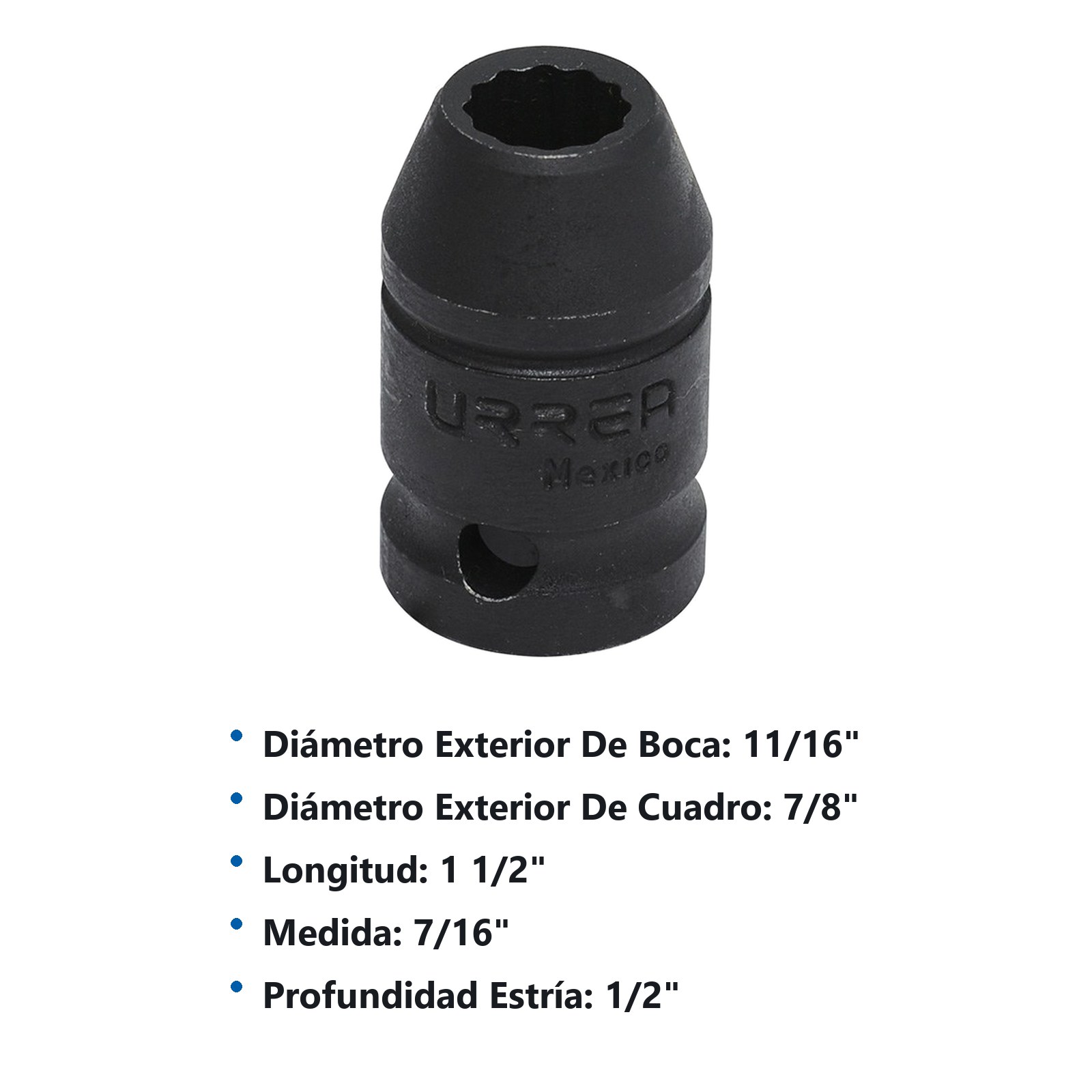Dado de impacto cuadro de 1/2", 12 puntas, en pulgadas, 7/16" Urrea - Imagen 3
