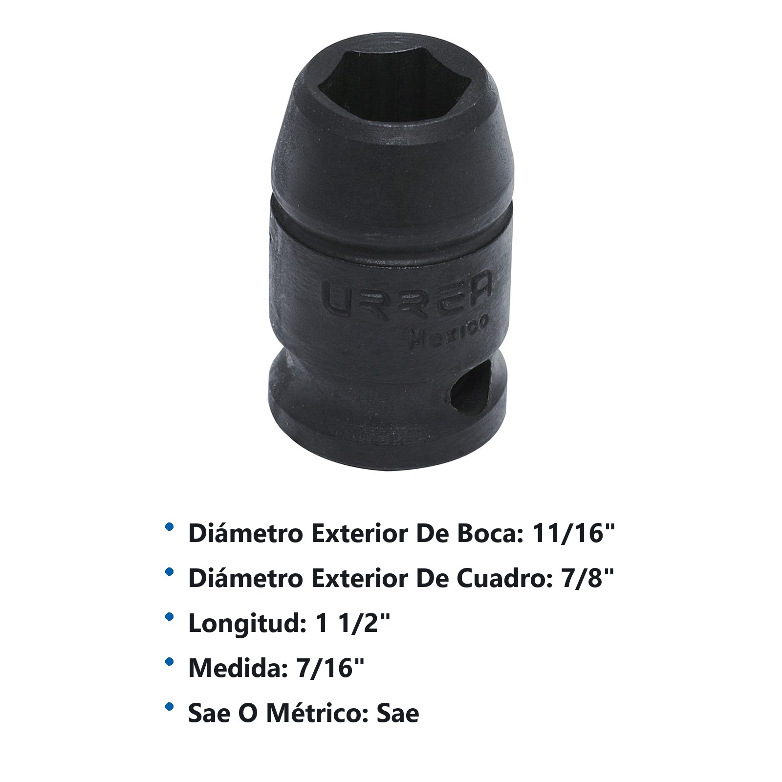 Dado de impacto cuadro de 1/2", 6 puntas, en pulgadas, 7/16" Urrea - Imagen 3