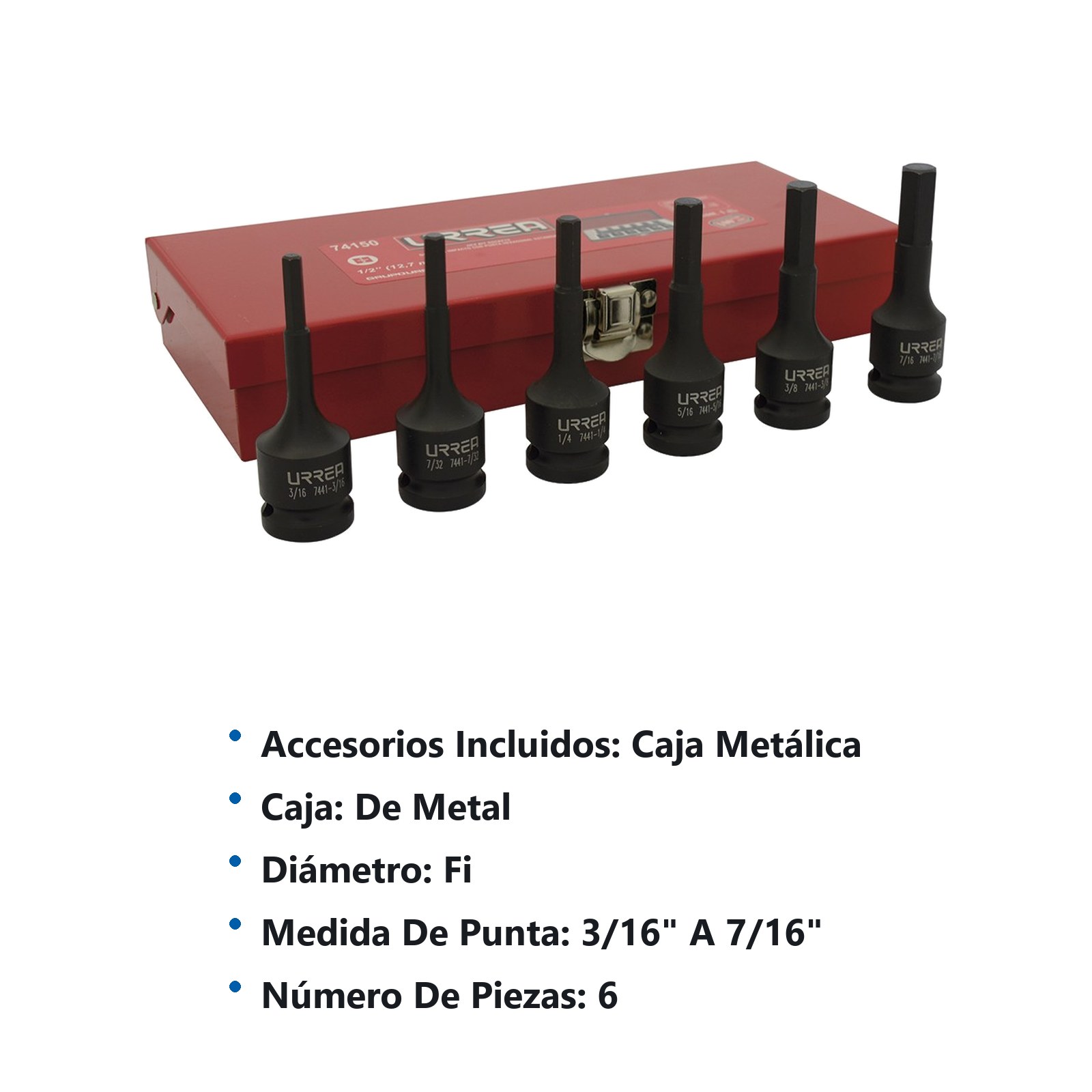 Juego de dados de impacto con punta hexagonal cuadro 1/2" en pulgadas, 6 piezas Urrea - Imagen 3