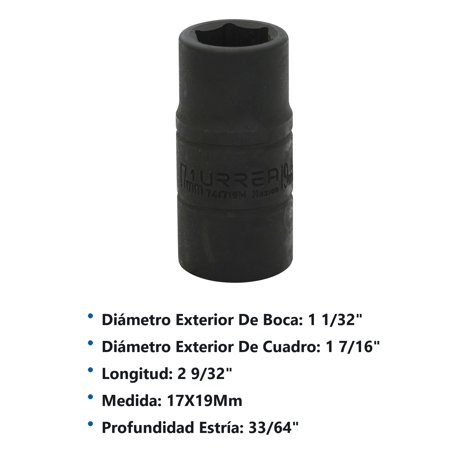 Dado de impacto corto doble boca métrico cuadro de 1/2", 17 x 19 mm Urrea - Imagen 2