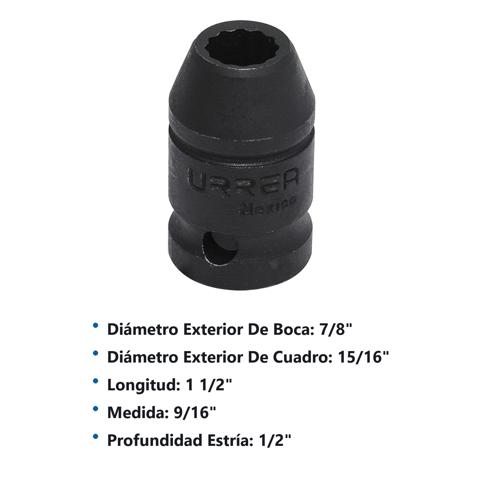 Dado de impacto cuadro de 1/2", 12 puntas, en pulgadas, 9/16" Urrea - Imagen 3