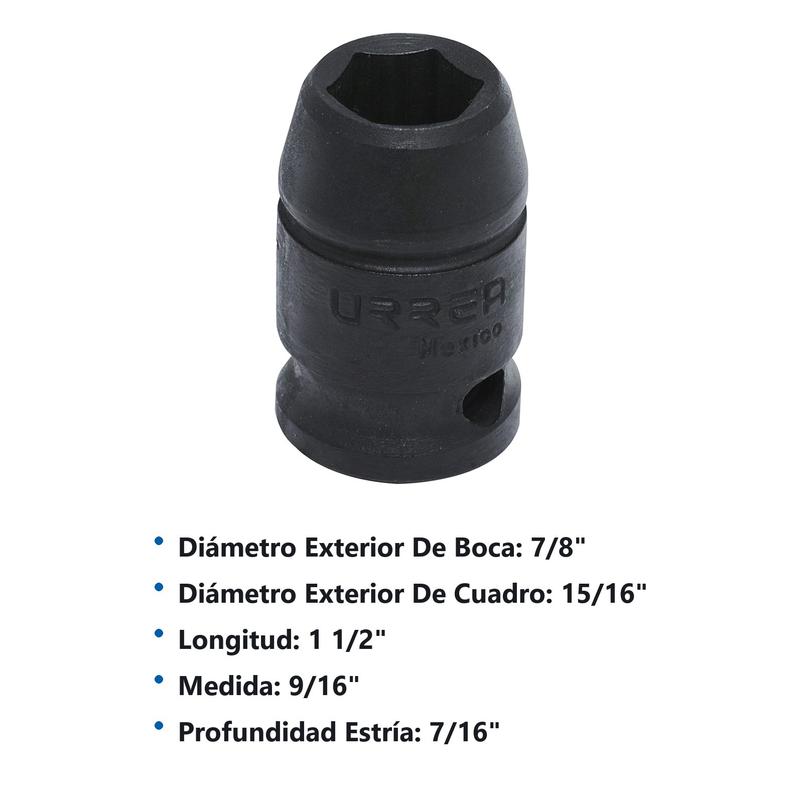 Dado de impacto cuadro de 1/2", 6 puntas, en pulgadas, 9/16" Urrea - Imagen 3