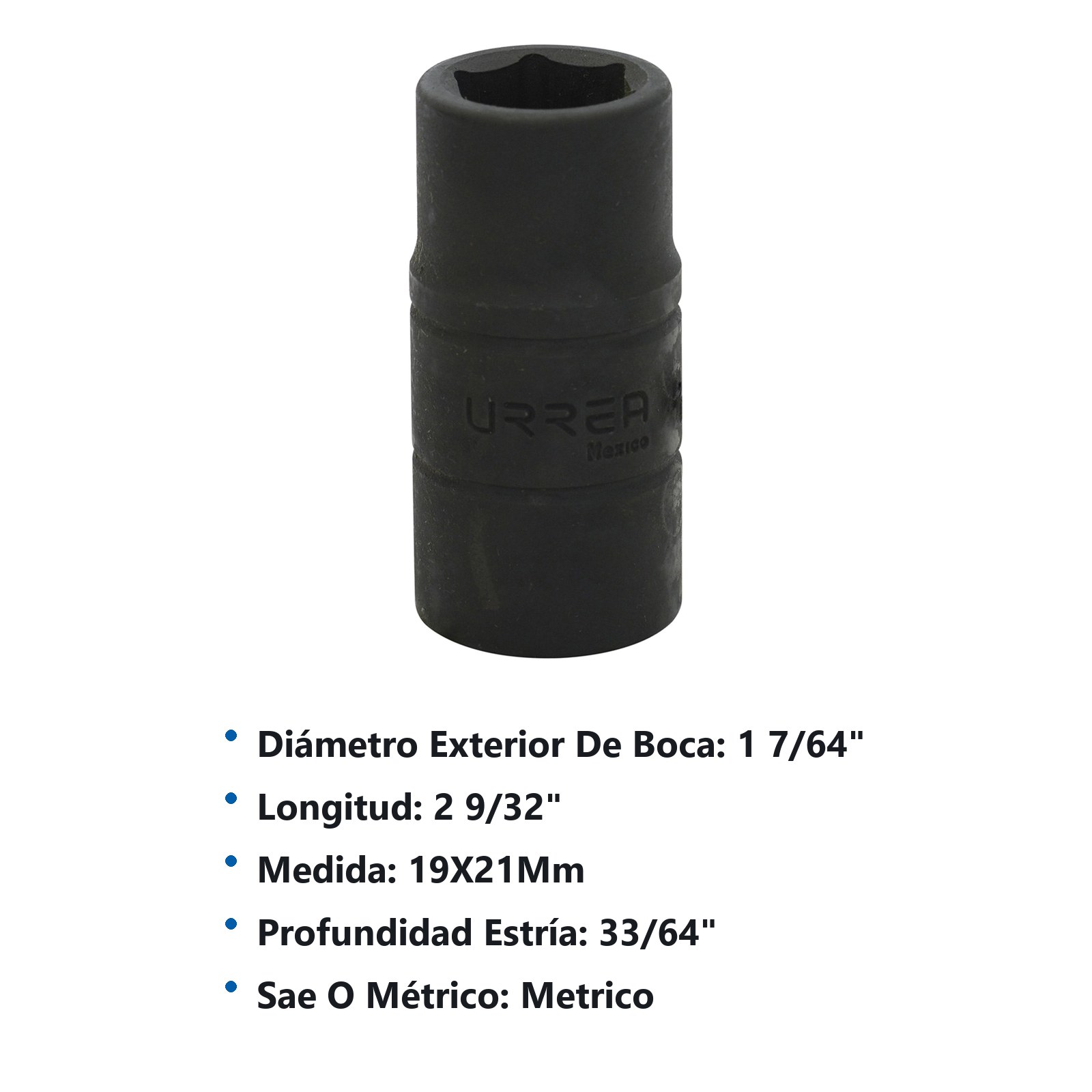 Dado de impacto corto doble boca métrico cuadro de 1/2", 19 x 21 mm Urrea - Imagen 2