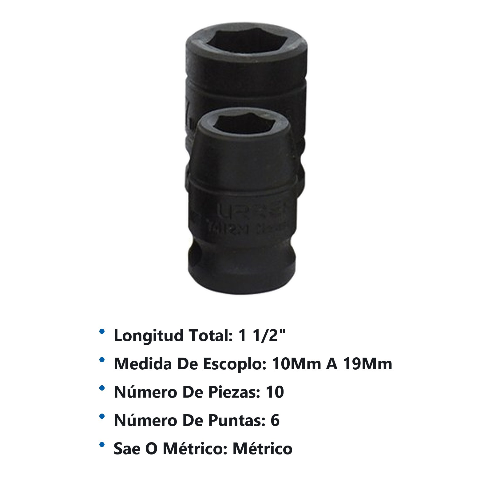 Juego de dados de impacto cuadro de 1/2", 6 puntas, métricos, 10 piezas Urrea - Imagen 2