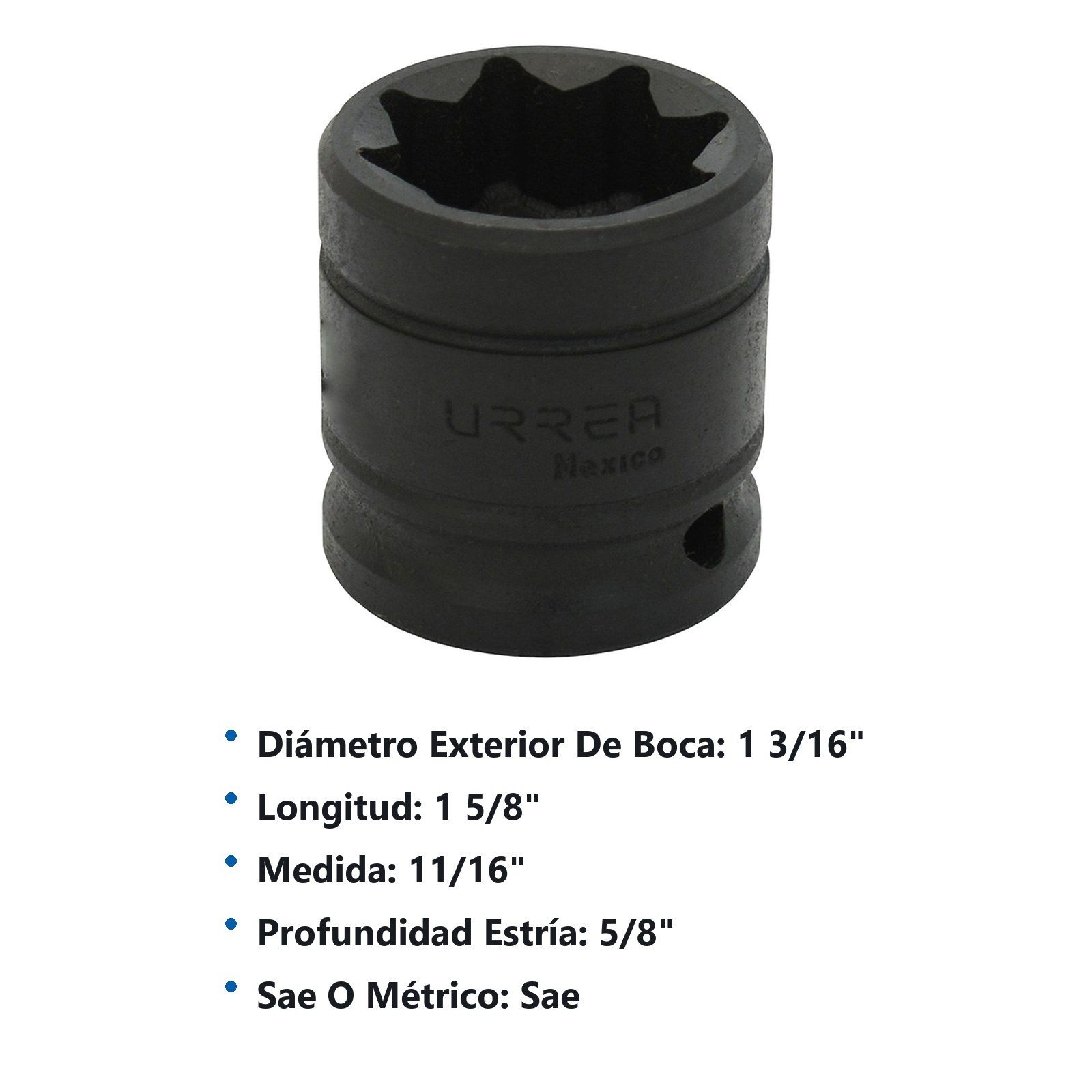 Dado de impacto cuadro de 1/2", 8 puntas, en pulgadas, 11/16" Urrea - Imagen 2