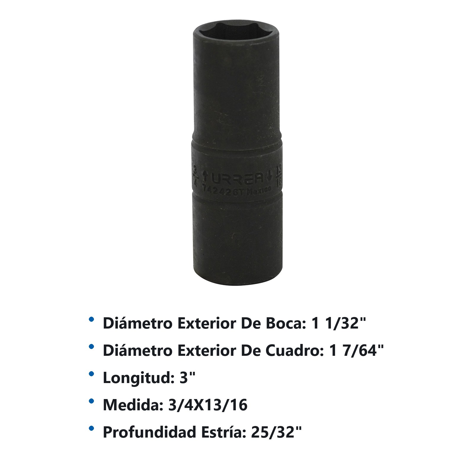Dado de impacto largo doble boca en pulgadas cuadro de 1/2", 3/4" x 13/16" Urrea - Imagen 2