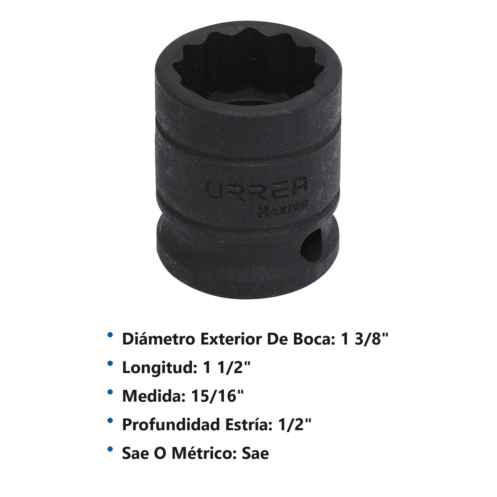 Dado de impacto cuadro de 1/2", 12 puntas, en pulgadas, 15/16" Urrea - Imagen 3