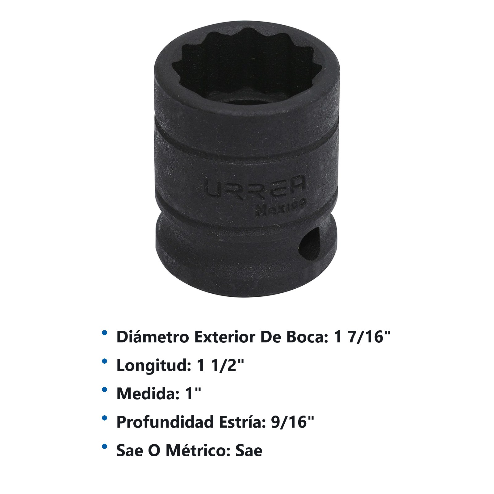 Dado de impacto cuadro de 1/2", 12 puntas, en pulgadas, 1" Urrea - Imagen 3