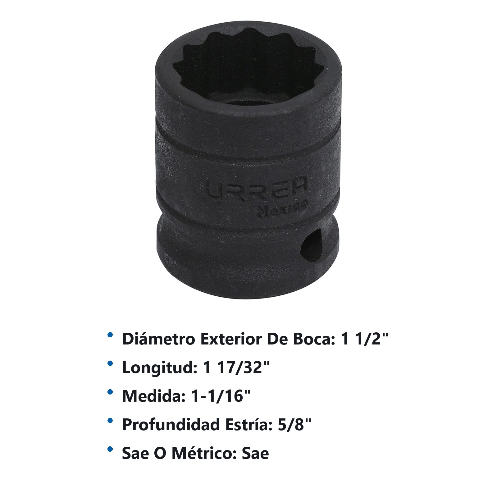 Dado de impacto cuadro de 1/2", 12 puntas, en pulgadas, 1-1/16" Urrea - Imagen 2