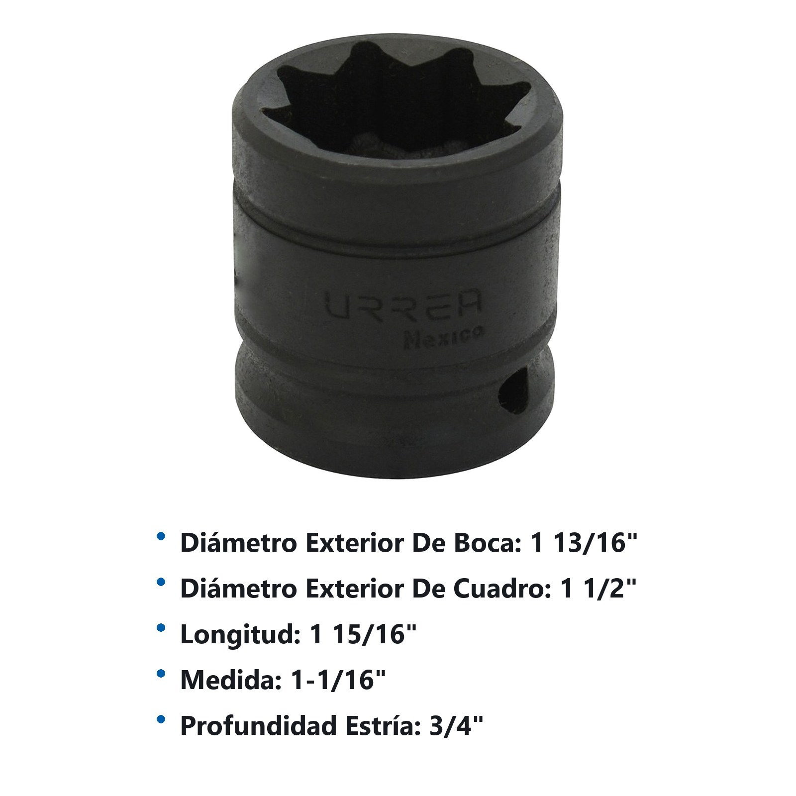 Dado de impacto cuadro de 1/2", 8 puntas, en pulgadas, 1-1/16" Urrea - Imagen 2