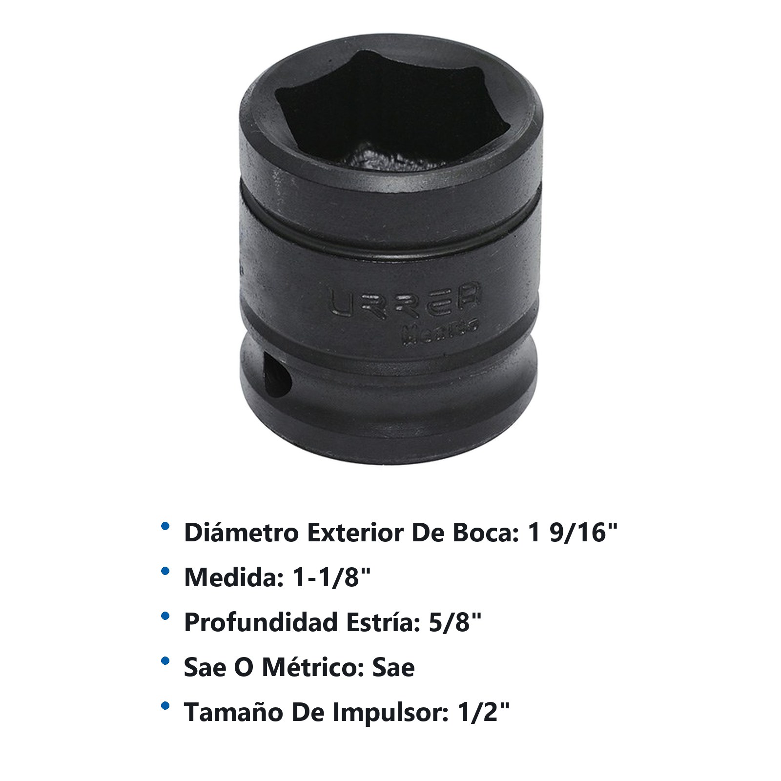 Dado de impacto cuadro de 1/2", 6 puntas, en pulgadas, 1-1/8" Urrea - Imagen 2