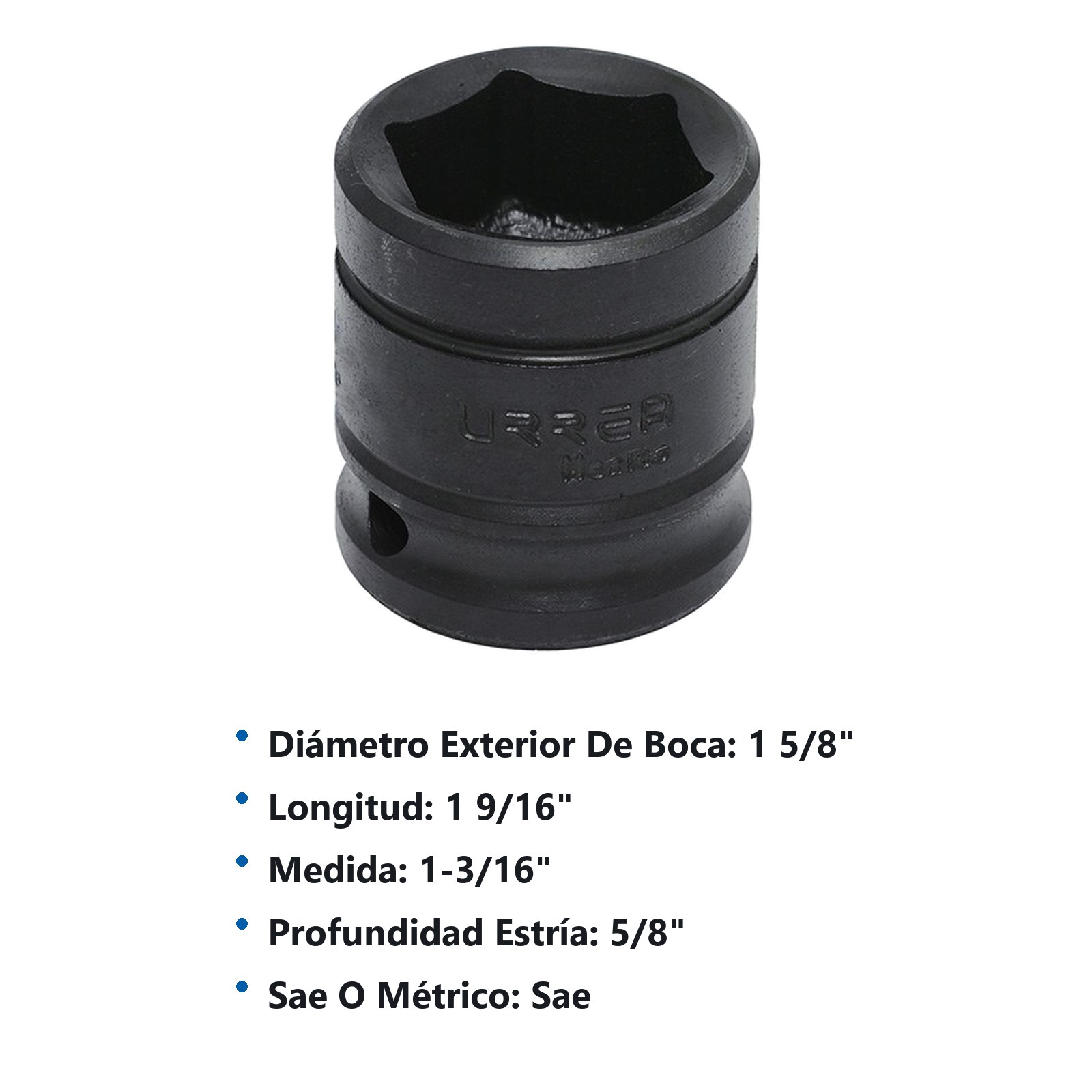 Dado de impacto cuadro de 1/2", 6 puntas, en pulgadas, 1-3/16" Urrea - Imagen 2