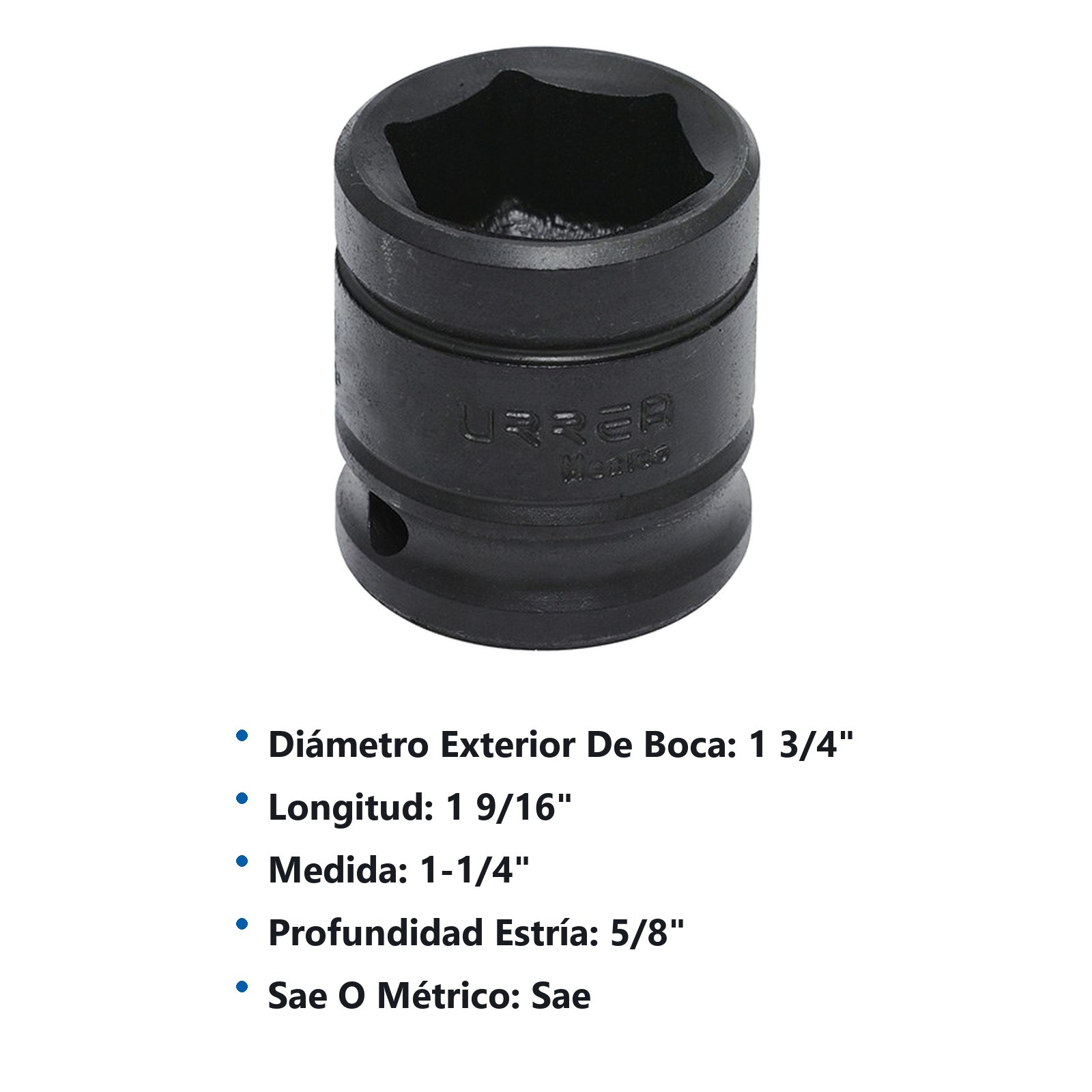 Dado de impacto cuadro de 1/2", 6 puntas, en pulgadas, 1-1/4" Urrea - Imagen 2