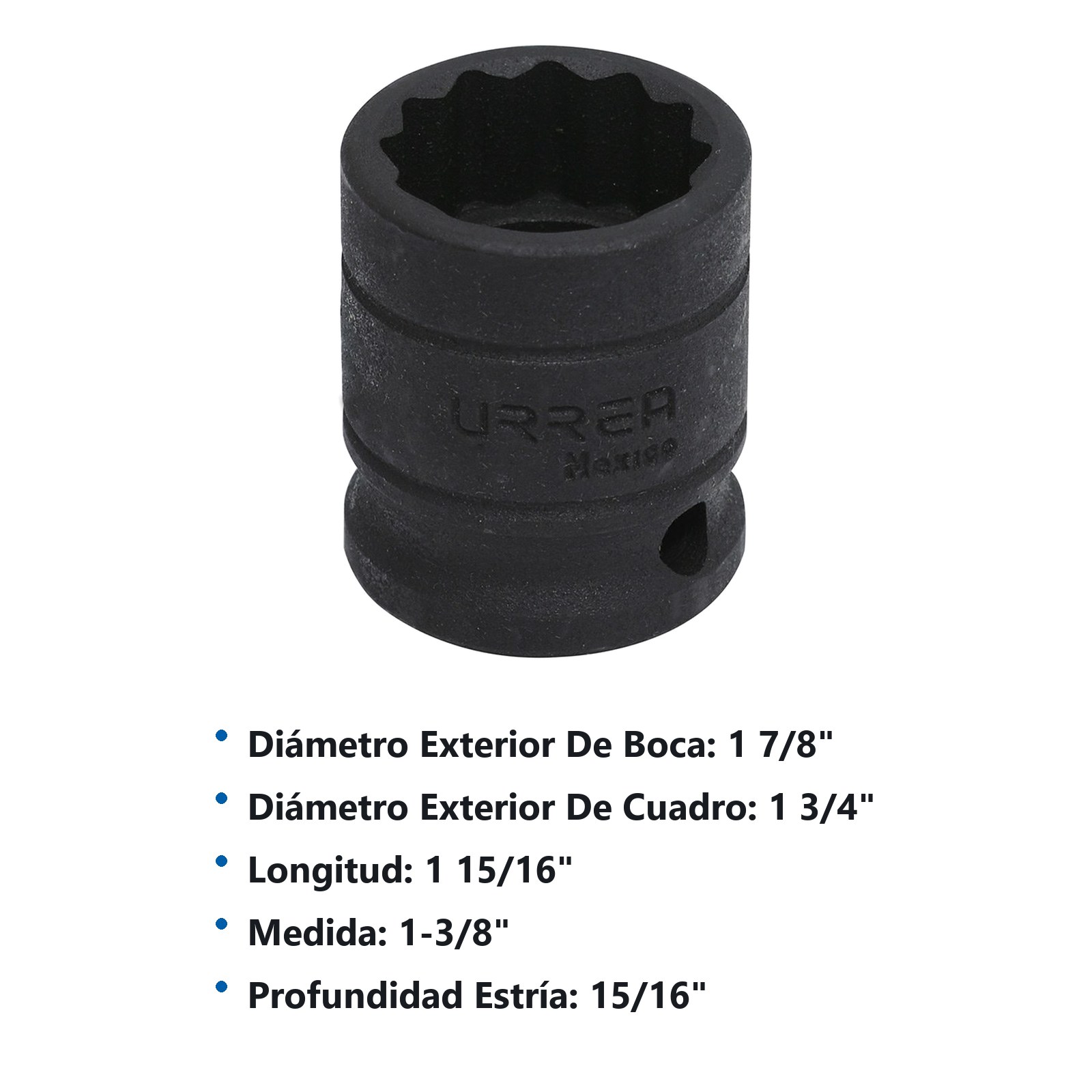 Dado de impacto cuadro de 1/2", 12 puntas, en pulgadas, 1-3/8" Urrea - Imagen 2