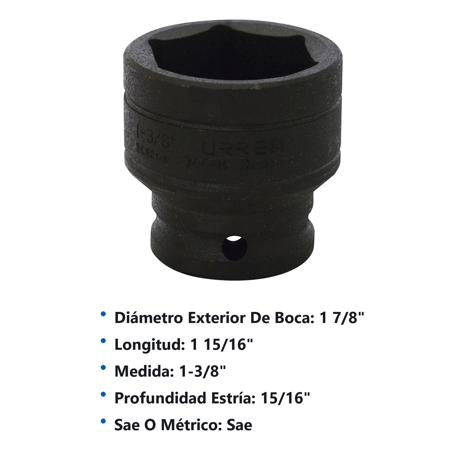 Dado de impacto cuadro de 1/2", 6 puntas, en pulgadas, 1-3/8" Urrea - Imagen 2
