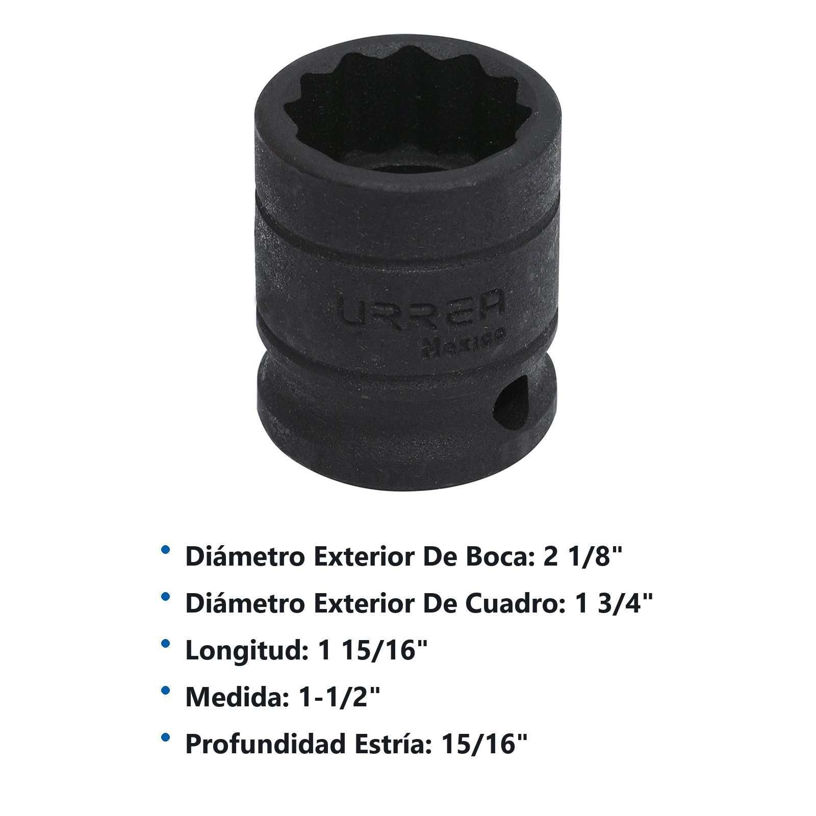 Dado de impacto cuadro de 1/2", 12 puntas, en pulgadas, 1-1/2" Urrea - Imagen 2