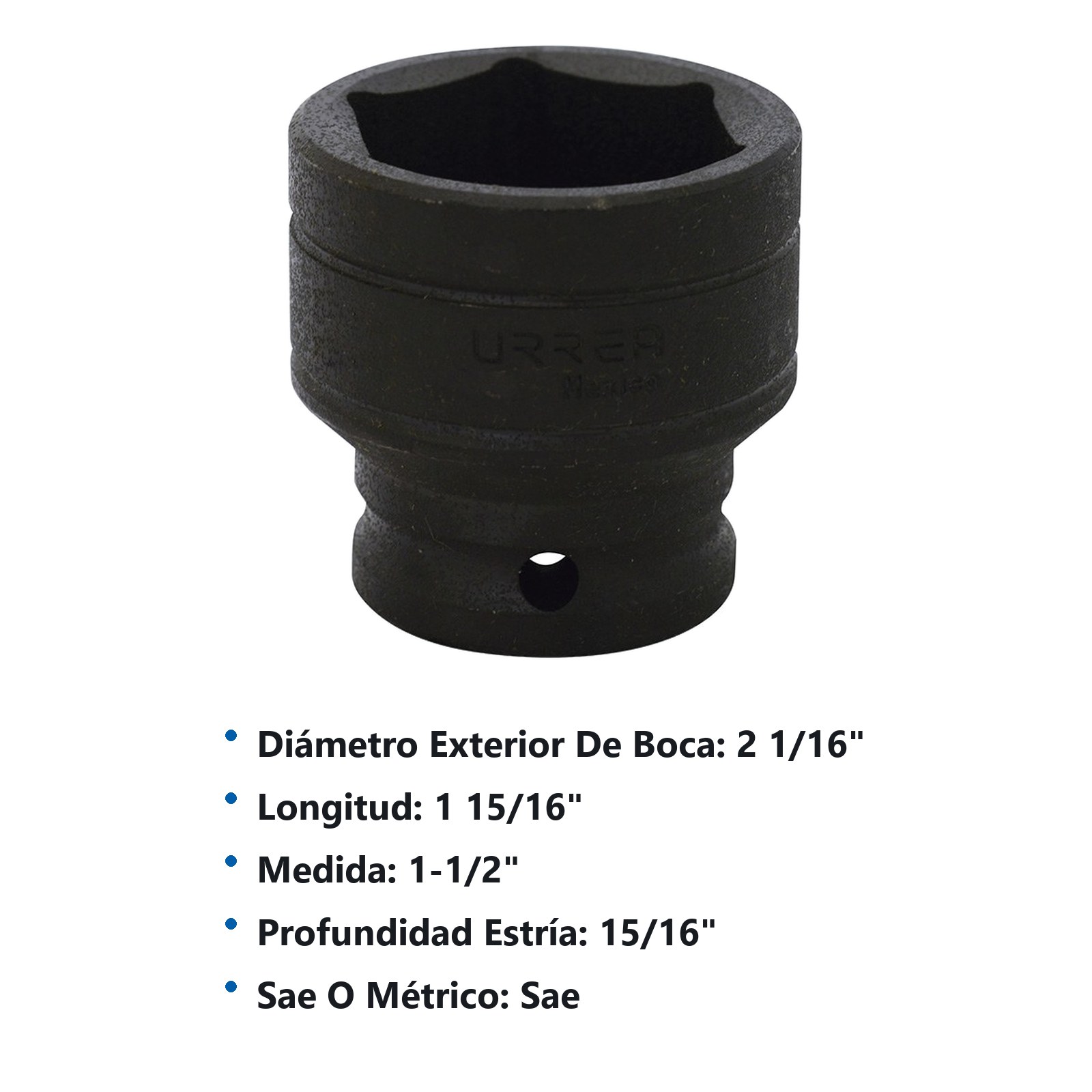 Dado de impacto cuadro de 1/2", 6 puntas, en pulgadas, 1-1/2" Urrea - Imagen 3