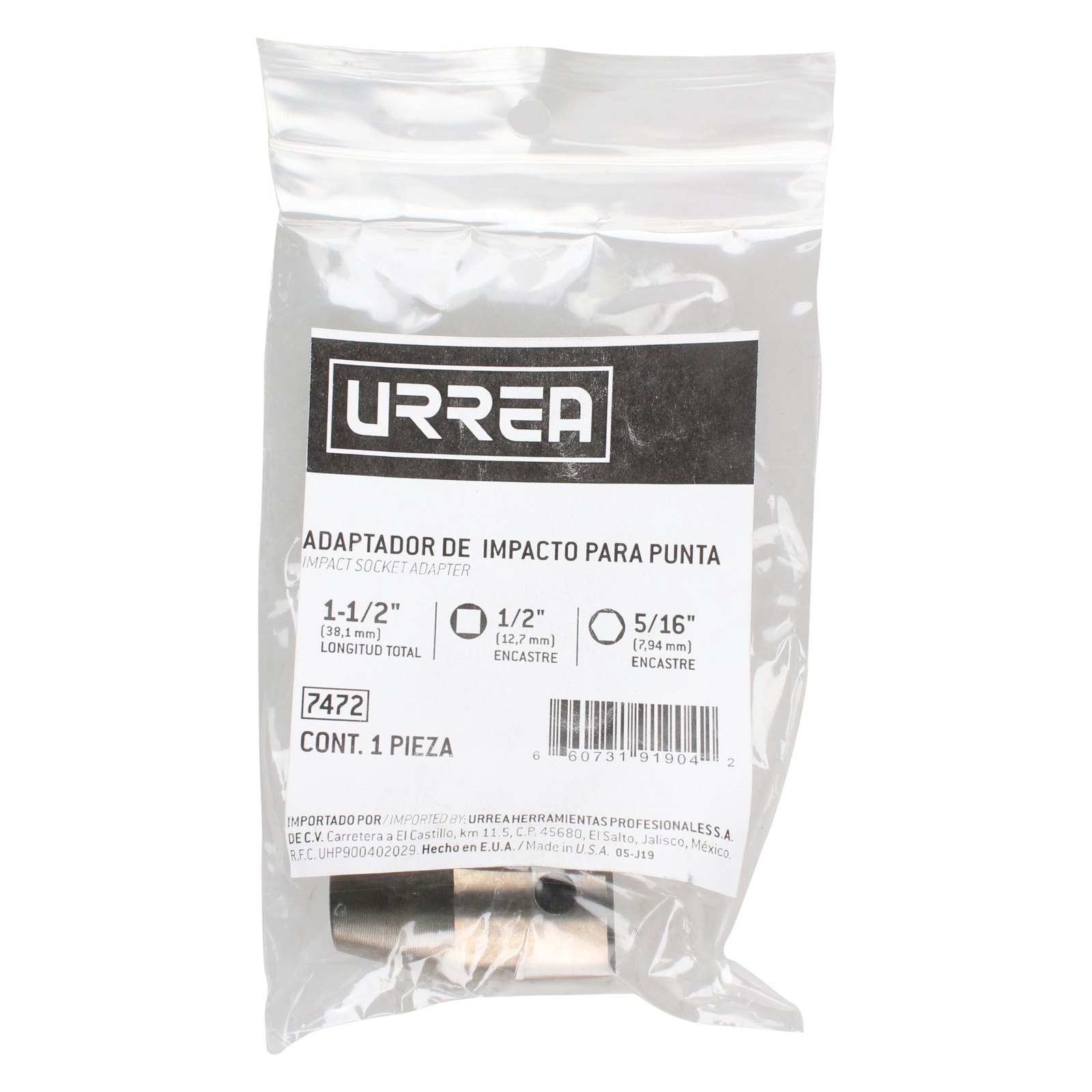 Adaptador de impacto con barreno pasado para puntas hexagonales 5/16" Urrea - Imagen 2