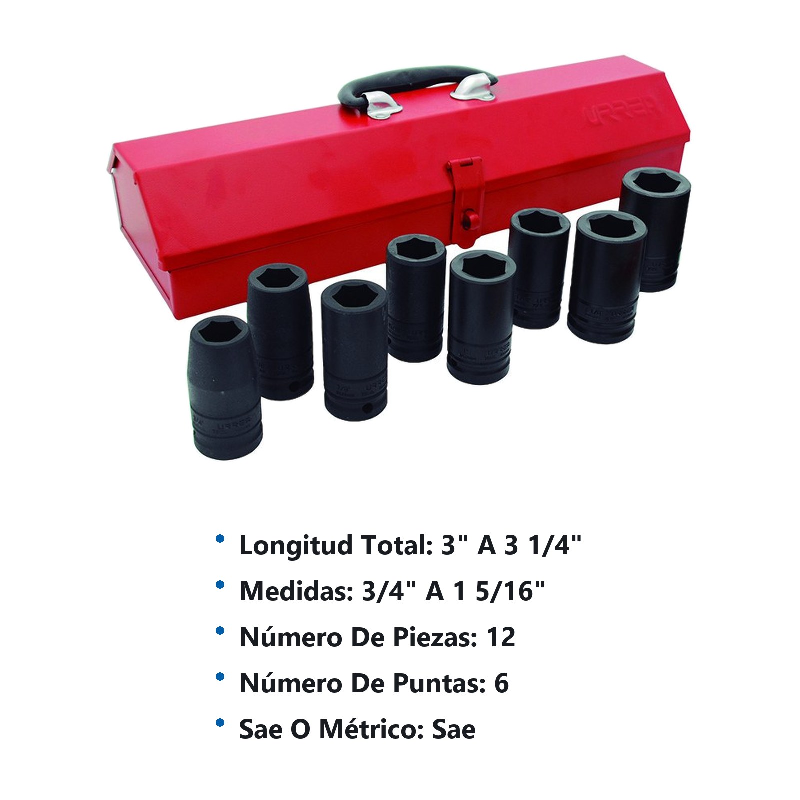 Juego de dados largos y accesorios de impacto cuadro de 3/4", en pulgadas, 12 piezas Urrea - Imagen 2