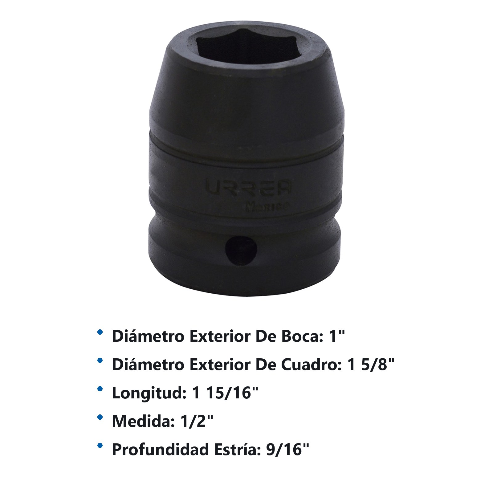 Dado de impacto cuadro de 3/4", 6 puntas, en pulgadas, 1/2" Urrea - Imagen 3
