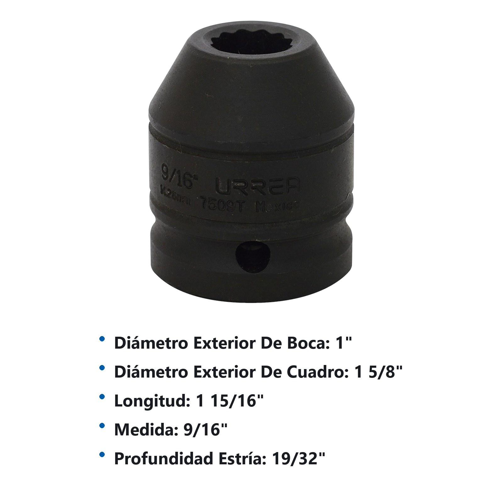 Dado de impacto cuadro de 3/4", 12 puntas, en pulgadas, 9/16" Urrea - Imagen 3