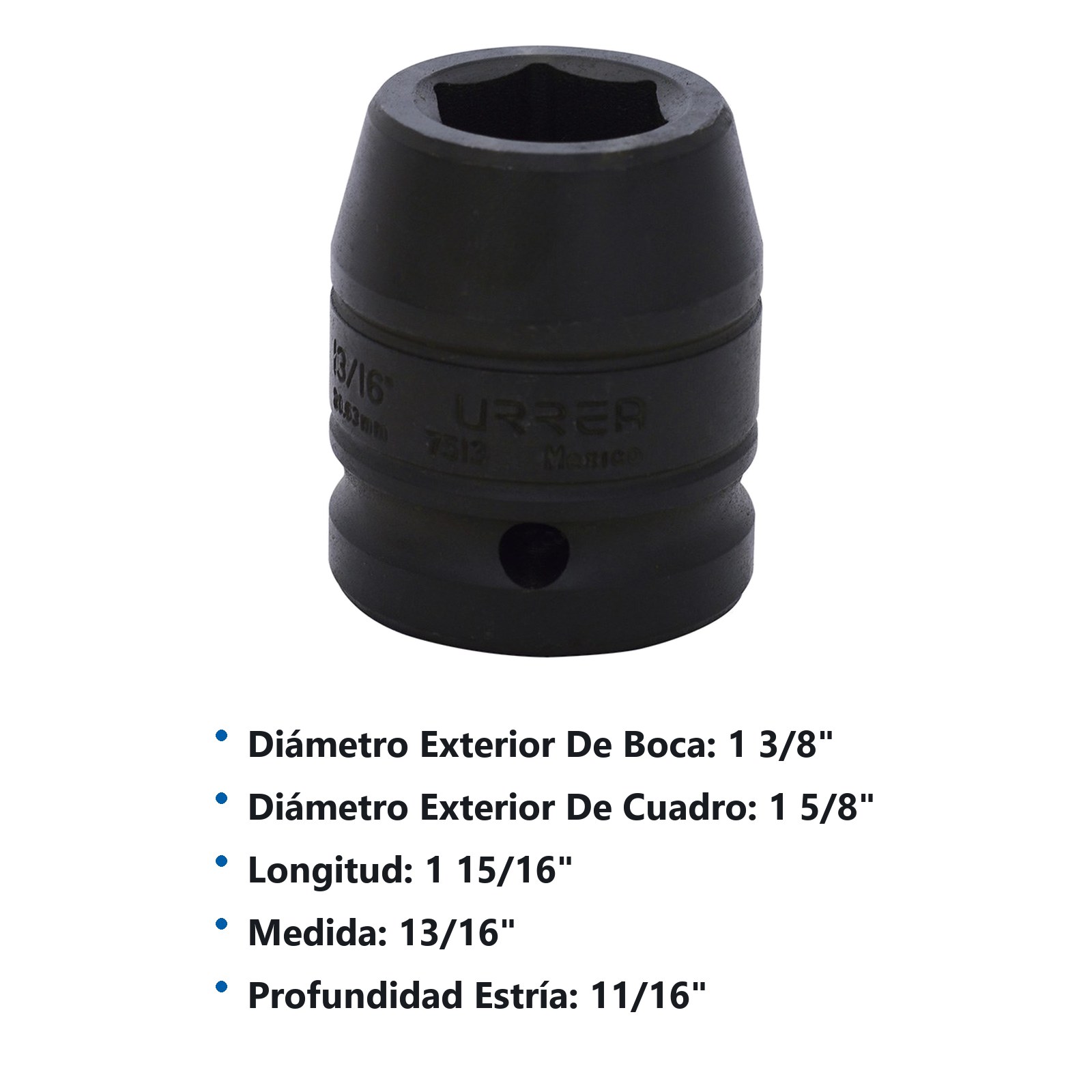 Dado de impacto cuadro de 3/4", 6 puntas, en pulgadas, 13/16" Urrea - Imagen 3