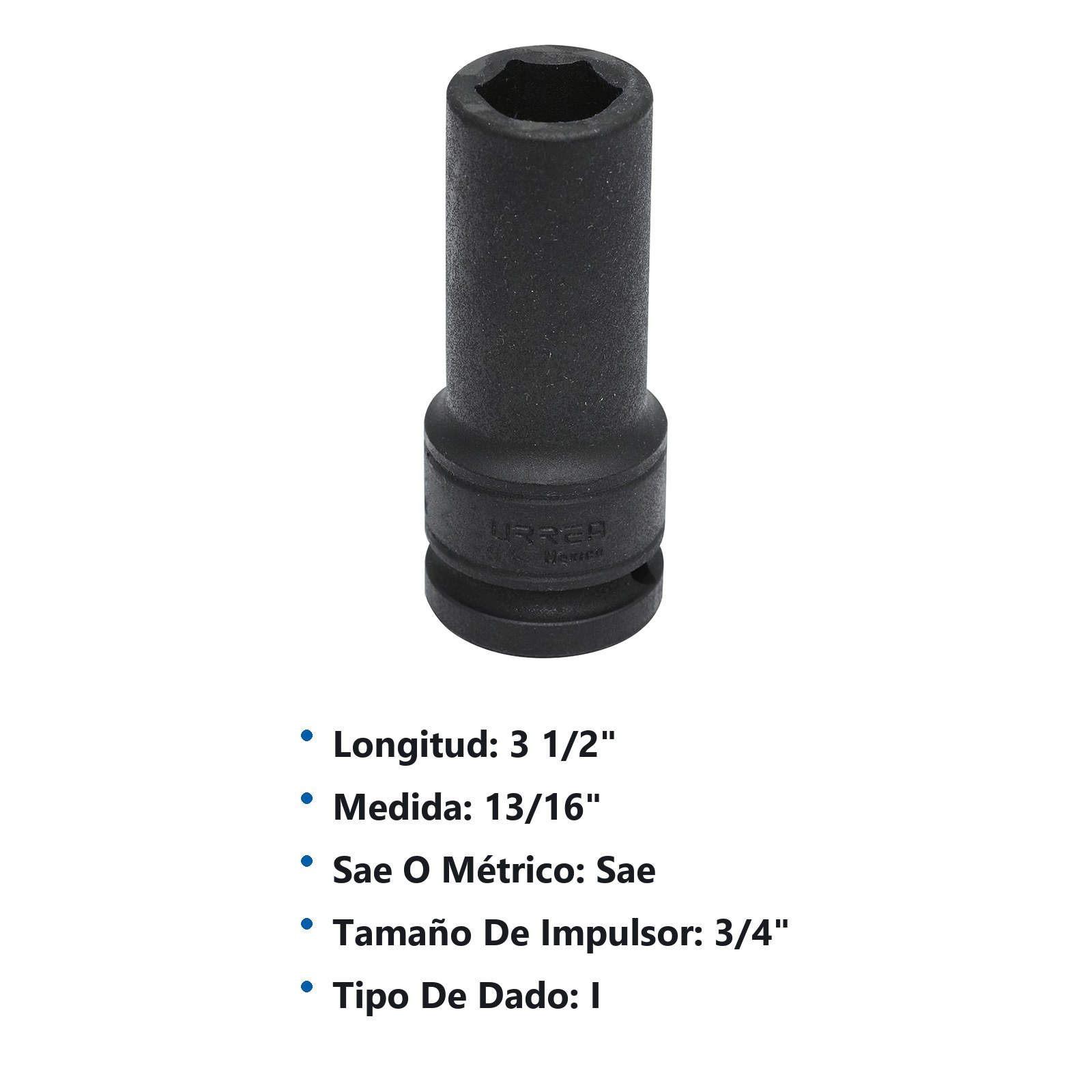 Dado de impacto largo pared delgada cuadro de 3/4", 6 puntas, en pulgadas, 13/16" Urrea - Imagen 2